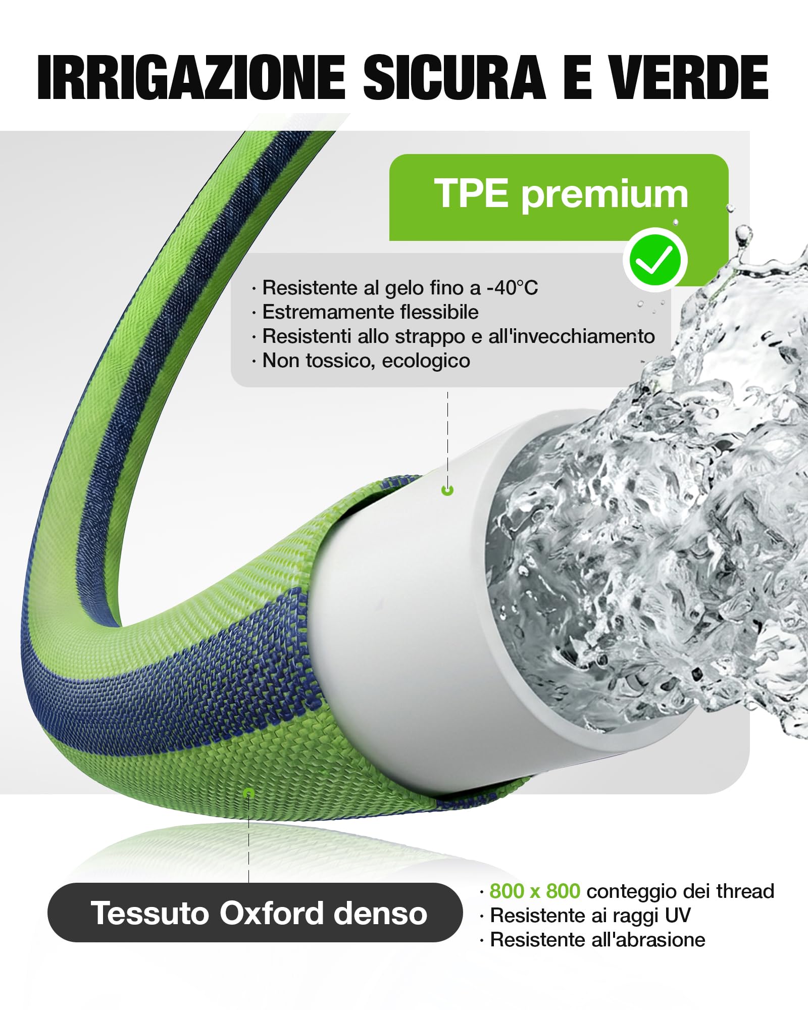 RAINPOINT Tubo da Giardino Flessibile 30m, Tubo Acqua Leggero in TPE, Tessuto Oxford 800D, 30 Bar, Pistola 10 Funzioni, Raccordi 1/2" e 3/4"