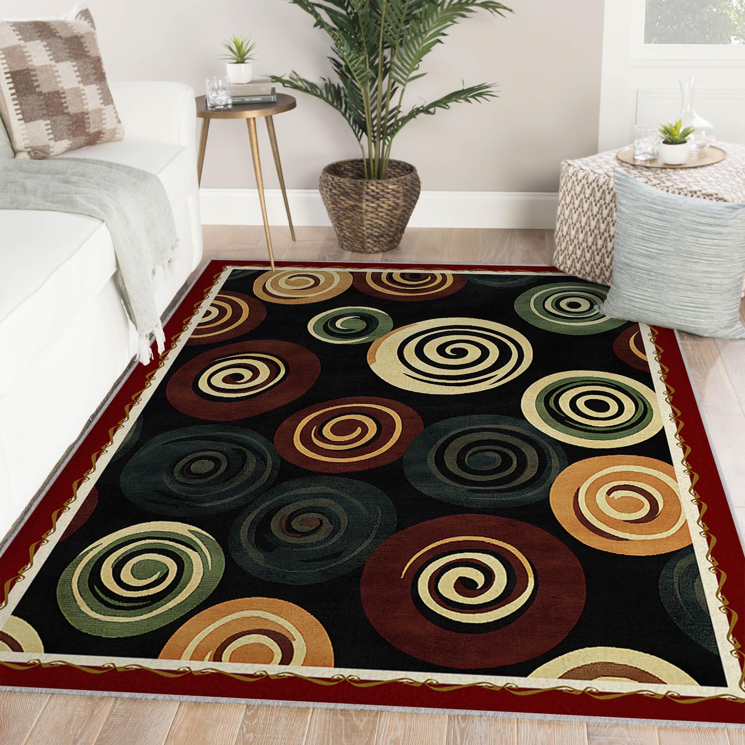 Area Dywan 180 x 270 cm, do salonu, czarny, wielokolorowy, z kręgu, nadaje się do prania, antypoślizgowy, do wnętrz, na podłogę, składany, duży, miękki, do jadalni, sypialni, z krótkim włosiem