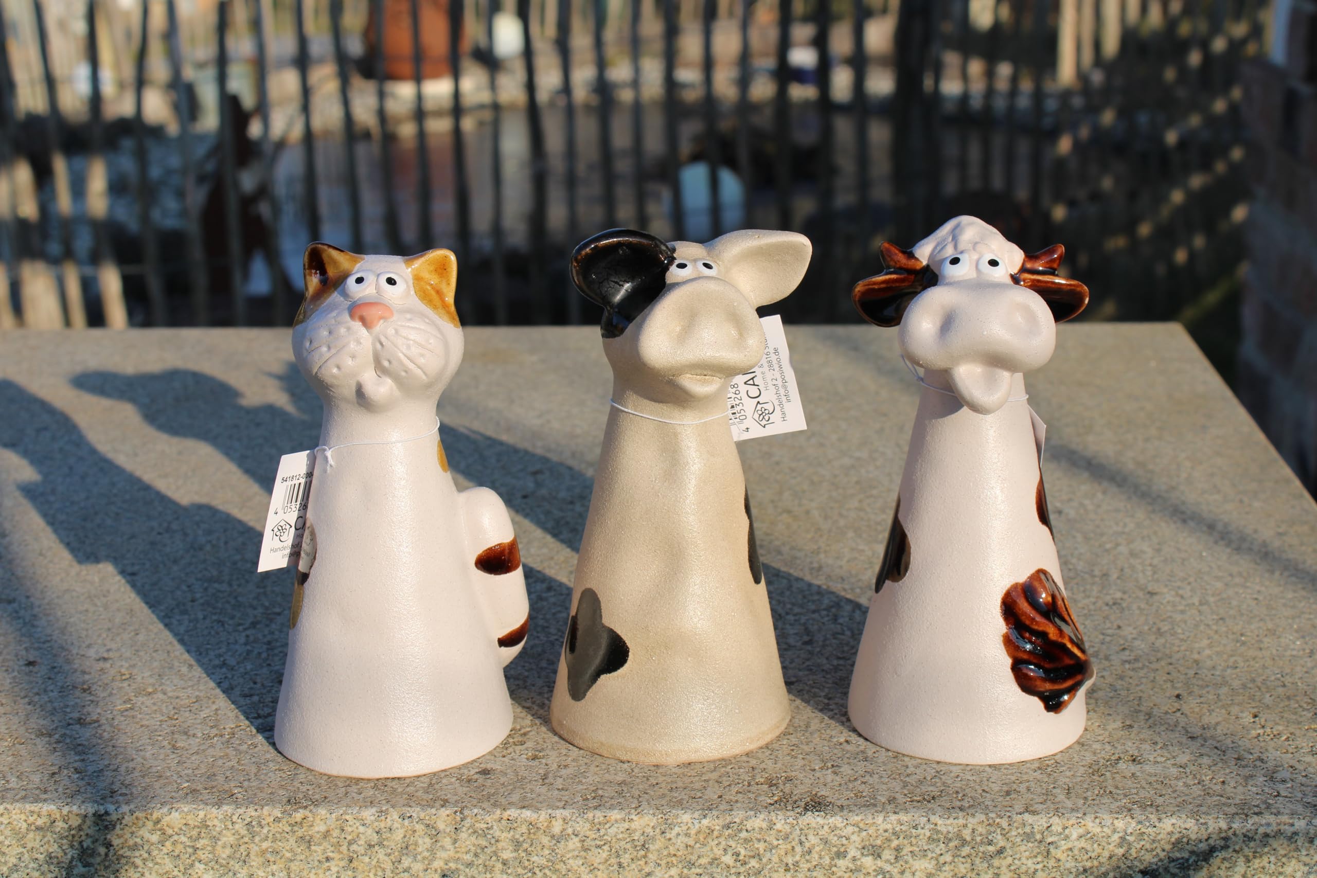 Set di 3 statuette decorative da giardino, in ceramica, per gatti, mucca, maiale, altezza 17 cm