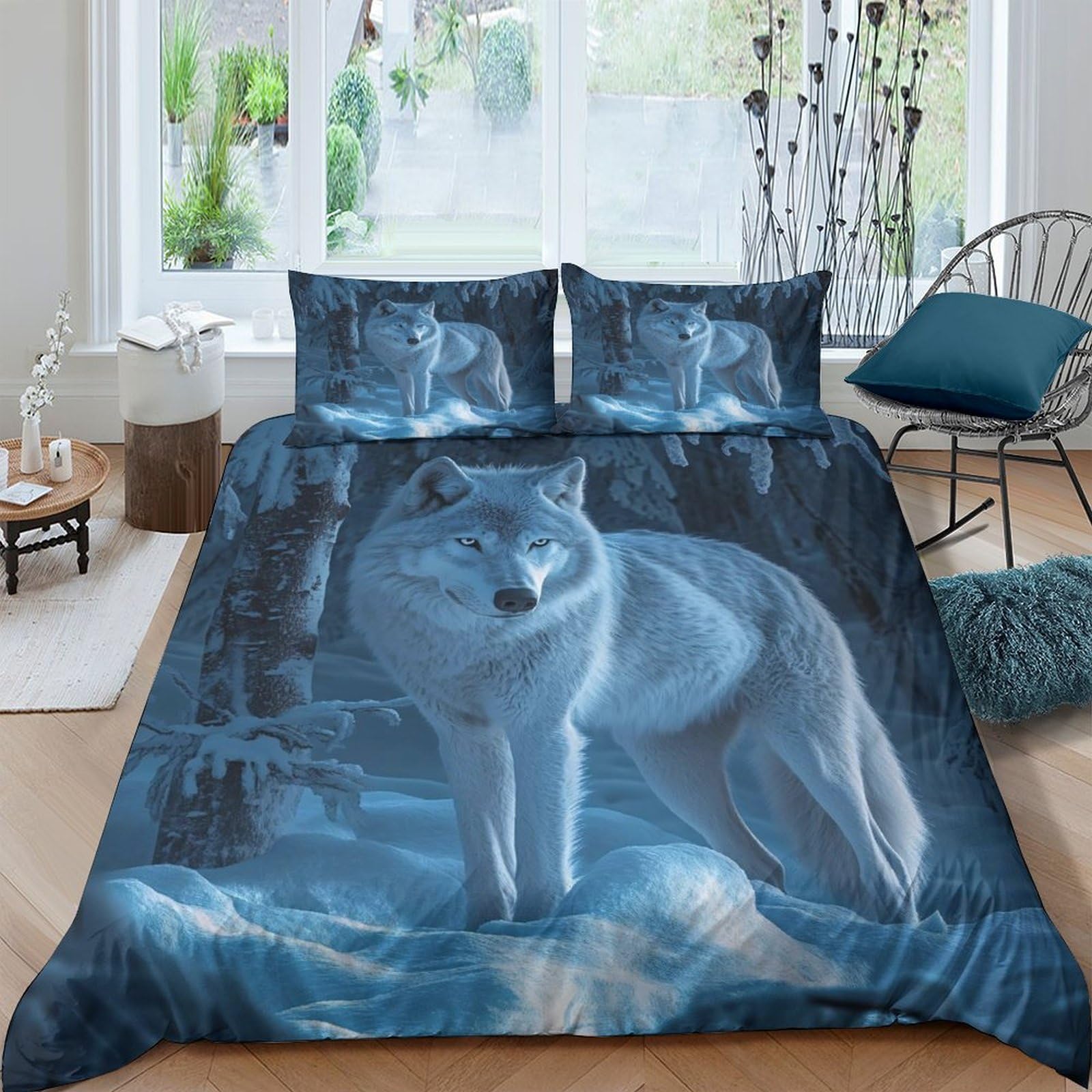 GPLZQXKJNH 3D Printed Blue Wolf Forest Duvet Cover Microfiber Soft Breathable Moonlight Bedding Set with 2 Pillowcases for Bedroom Decor Single（135x200cm）