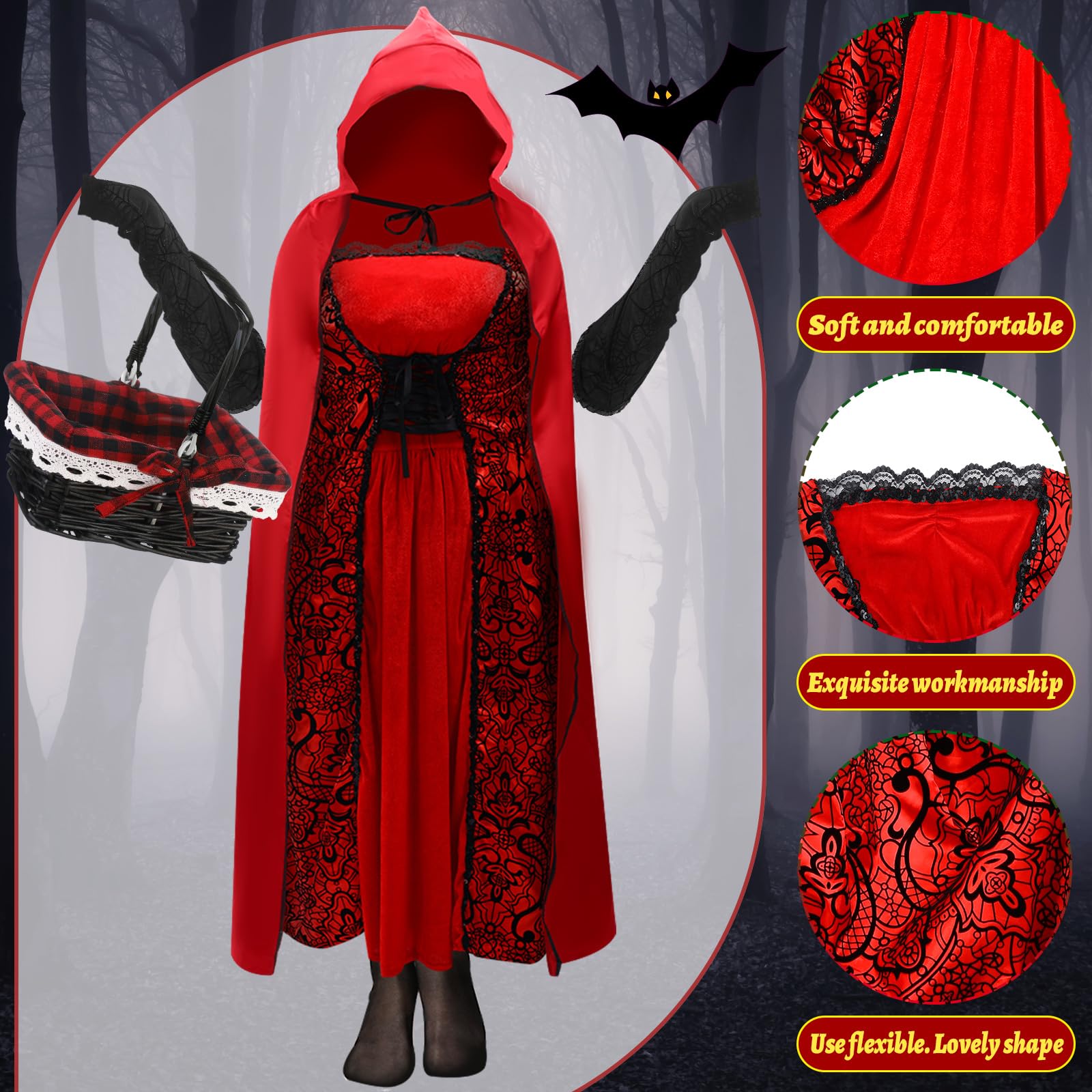 Mepase Disfraz de Caperucita Roja de talla grande para mujer adulta, capa con capucha de Halloween, capa roja, vestido, medias, guantes para cosplay, accesorios de fiesta