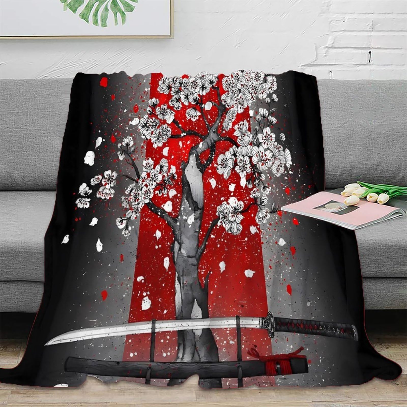 3D Druck Samurai Kunstdecke Mikrofaser Wohndeko Japanisches Schwert Kuscheldecke Weich Warm für Sofa Schlafzimmer 80×90(200x230cm)