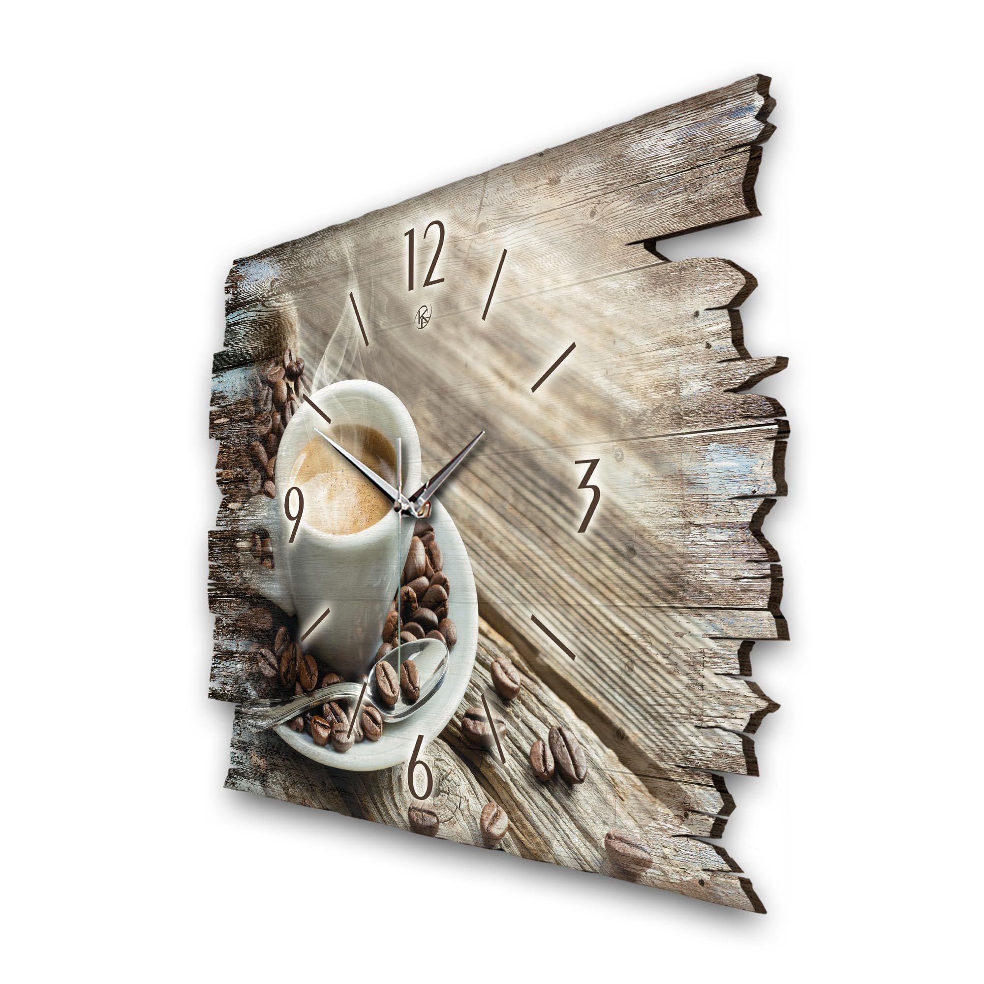Kreative Feder Designer Wanduhr „Kaffee“ aus Holz 40x27cm im Shabby Style Design - Designeruhr mit flüsterleisem Uhrwerk ohne Ticken (Kaffee, leises Funkuhrwerk)