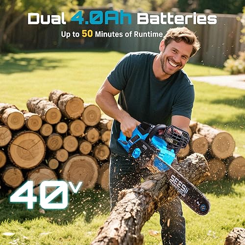 Miniatura 3 de SEESII Motosierra inalámbrica de 40 V y 16 pulgadas sierras de cadena eléctricas sin escobillas con 2 baterías de 4.0 Ah y cargador, tensión de