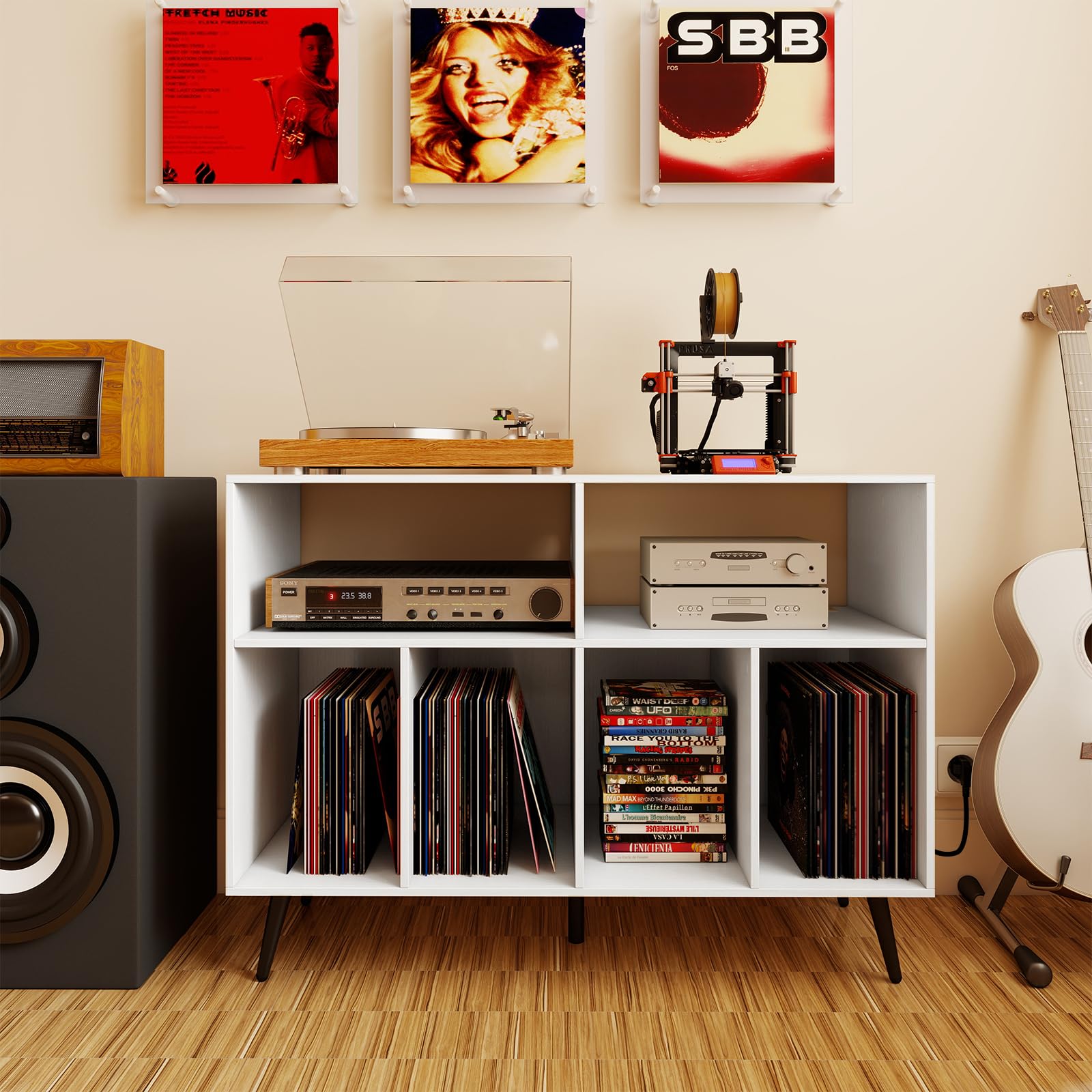 COSTWAY Meuble Rangement Vinyle pour Albums, 6 Compartiments, Rangement CD DVD Manga, 5 Pieds en Métal, Support pour Tourne-disque, Meuble Hifi, Bibliothèque Basse (Blanc,Avec prise)