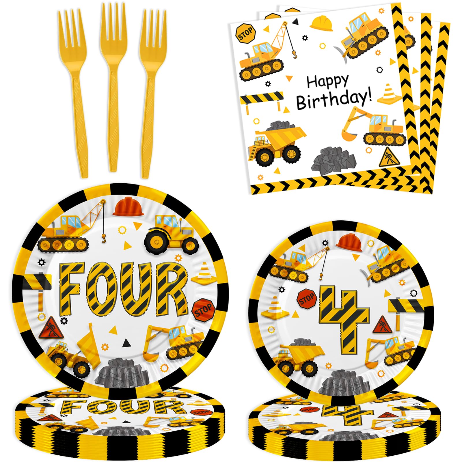 Letromp 80 Pcs Construction 4th Birthday Decorations Construction Four Years Old Disposable Paper Dinner Plates Napkins Forks Dinnerware for Dump