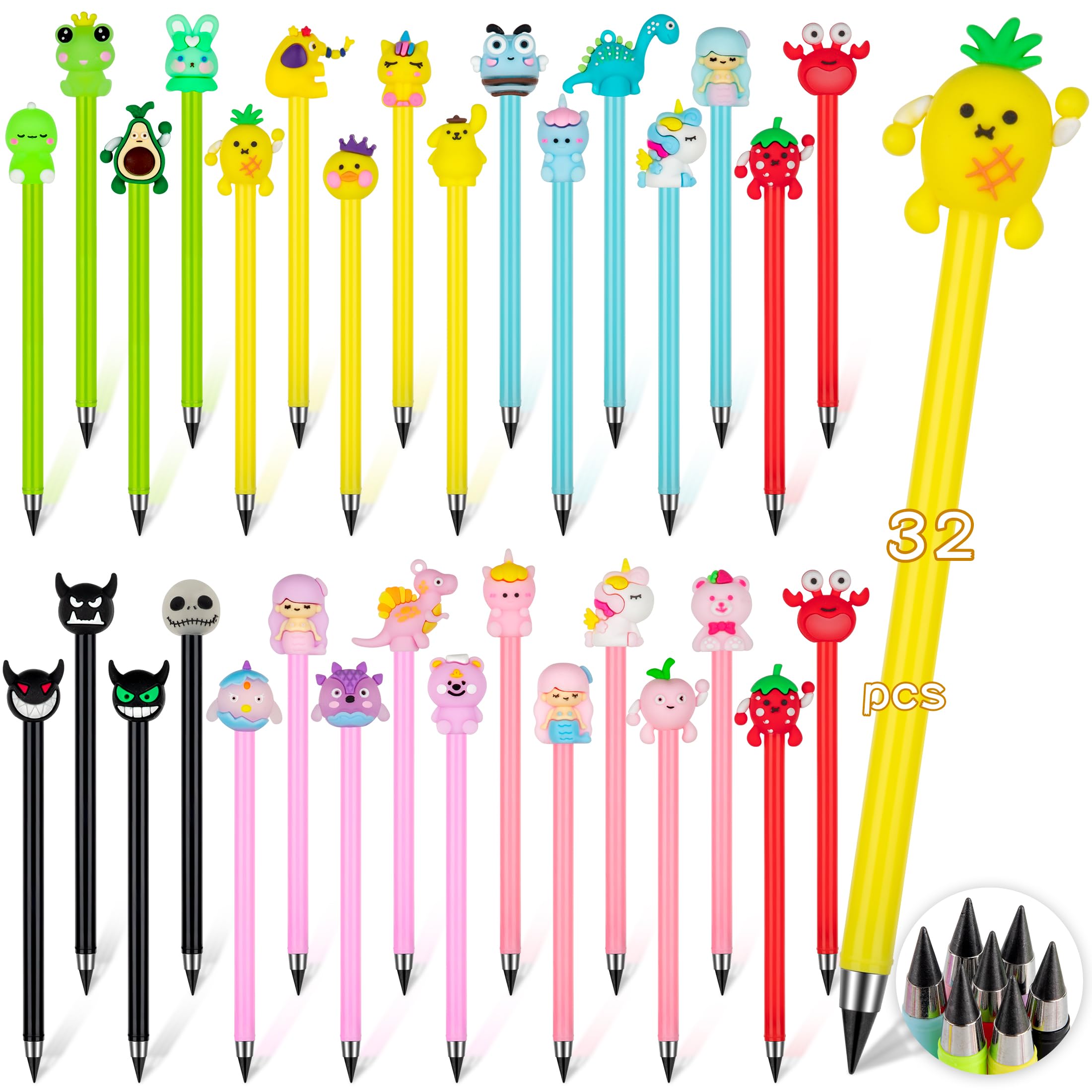 yuechen 32 Lapiz Infinito para Niños,Lapiz Eterno Animales Kawaii,Lapices Regalos Cumpleaños Niños Colegio,Ideal Festivales Infantiles,Fiestas,Detalles Cumpleaños niños y Regalos