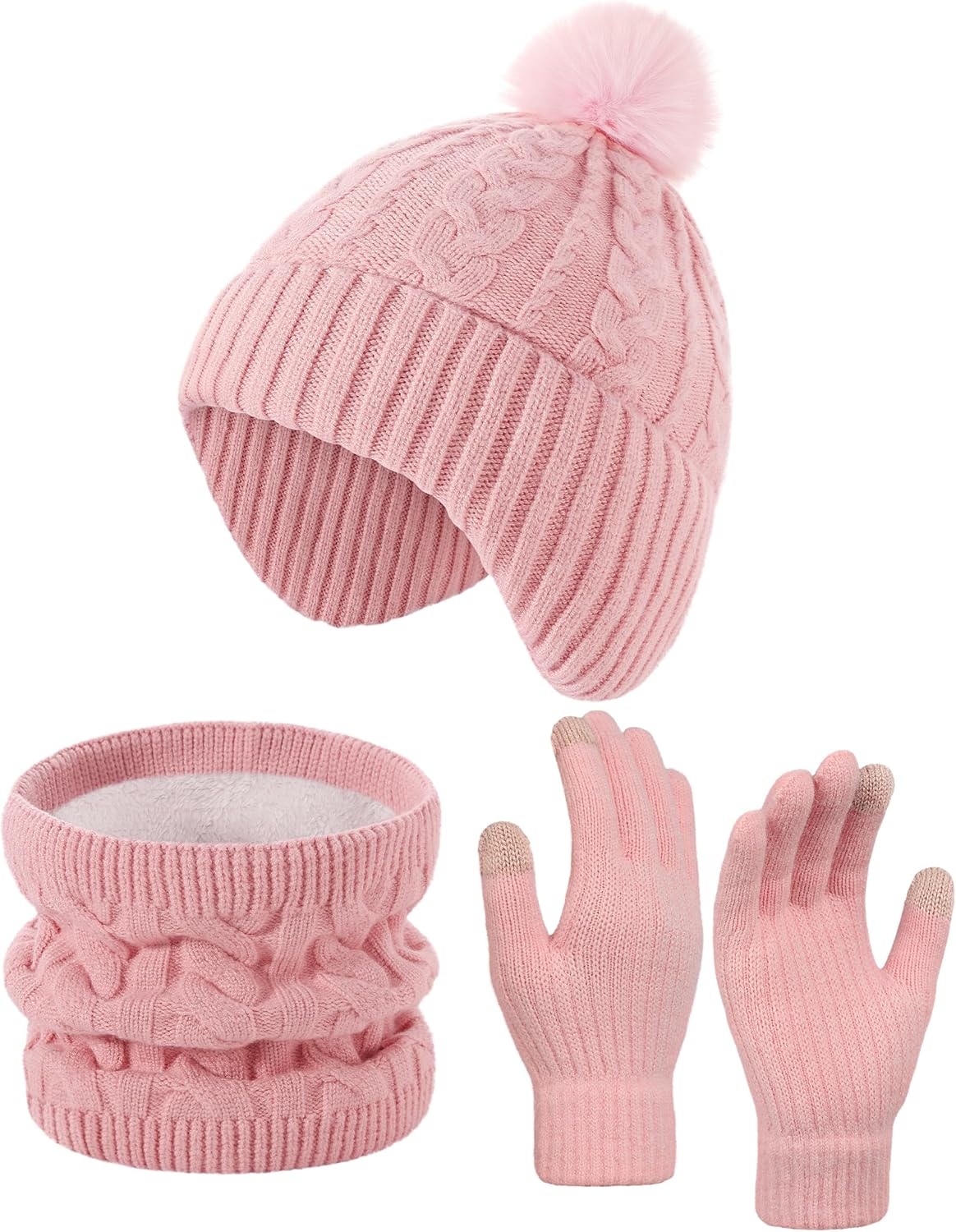 Kids Winter Hat Gloves Scarf Set, Knitted Kids Scarf Hat and Gloves for Girls, Neck Warmer Thick Lining Kid Beanie Winter Set