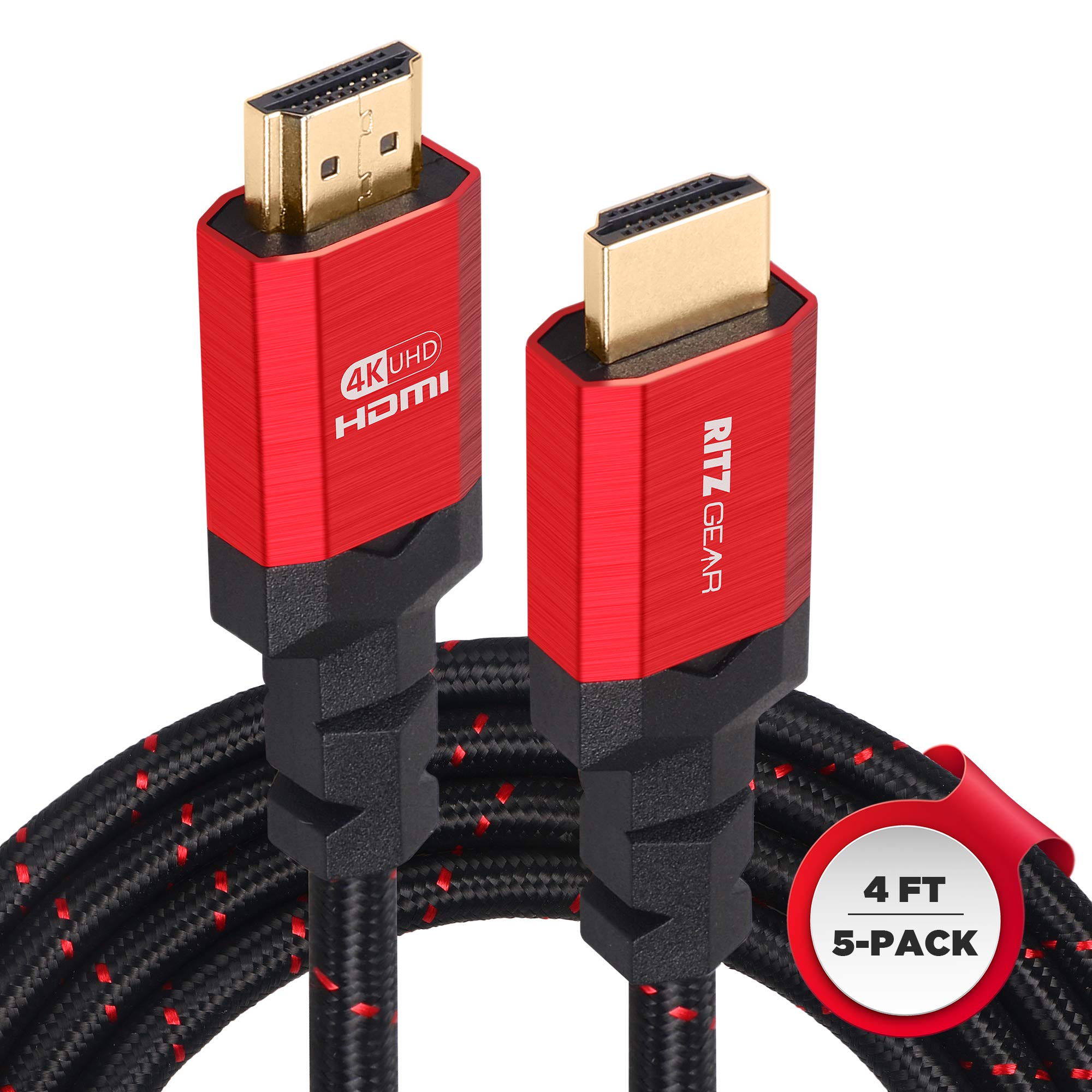 Ritz Gear Cable HDMI 4K de 4 pies [paquete de 5] cable trenzado de nailon y conectores dorados, HDMI 2.0 de alta velocidad con Ethernet, compatible con PS5, PS4, PS3, Xbox, Roku, Apple TV, HDTV,
