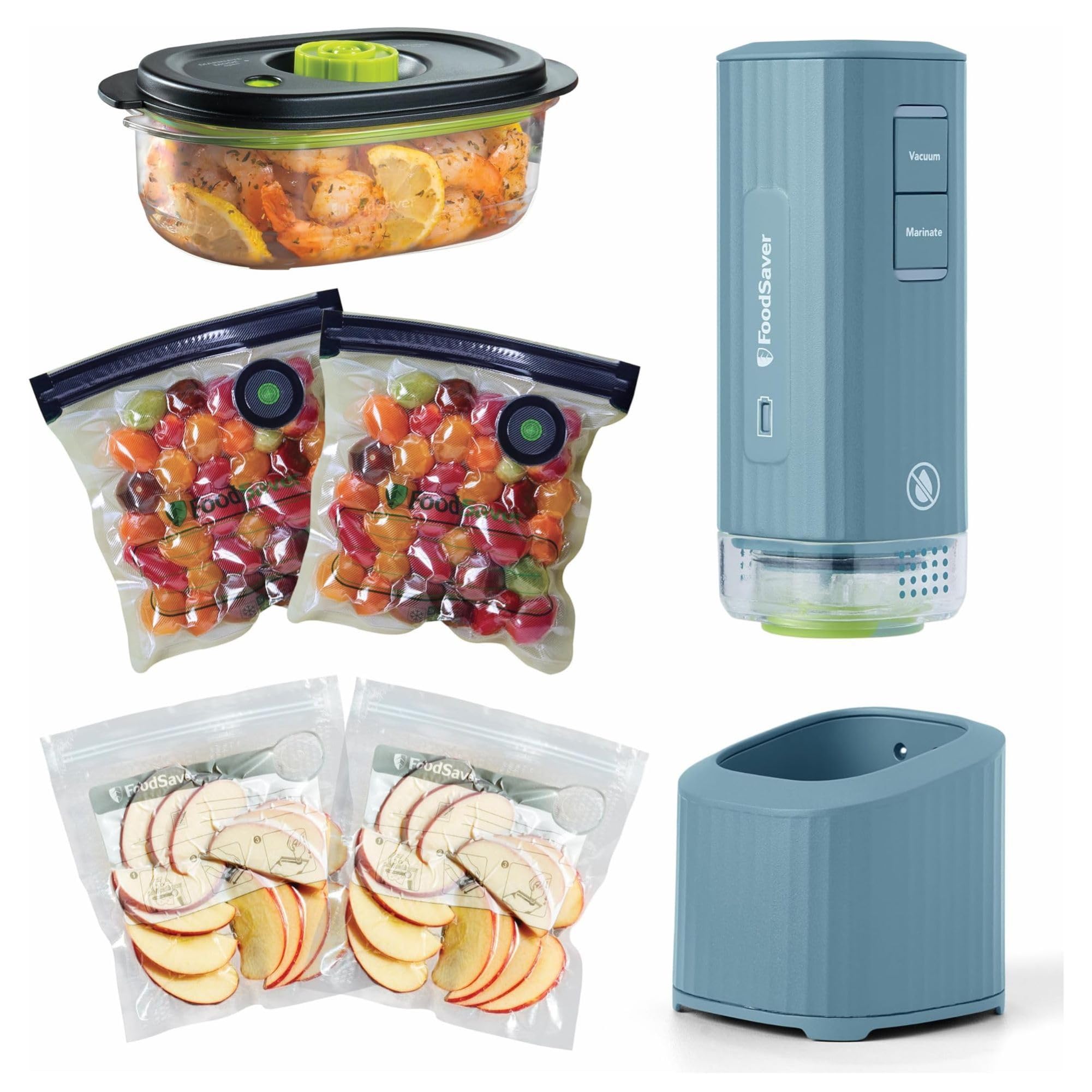Photo 1 of **UNTESTED**
FoodSaver Mini Handheld Vacuum Sealer Machine with Marinate Setting & Charging Dock, Cordless Food Vacuum Sealer for Freezer, Storage, Sous Vide, Meal Prep, Blue