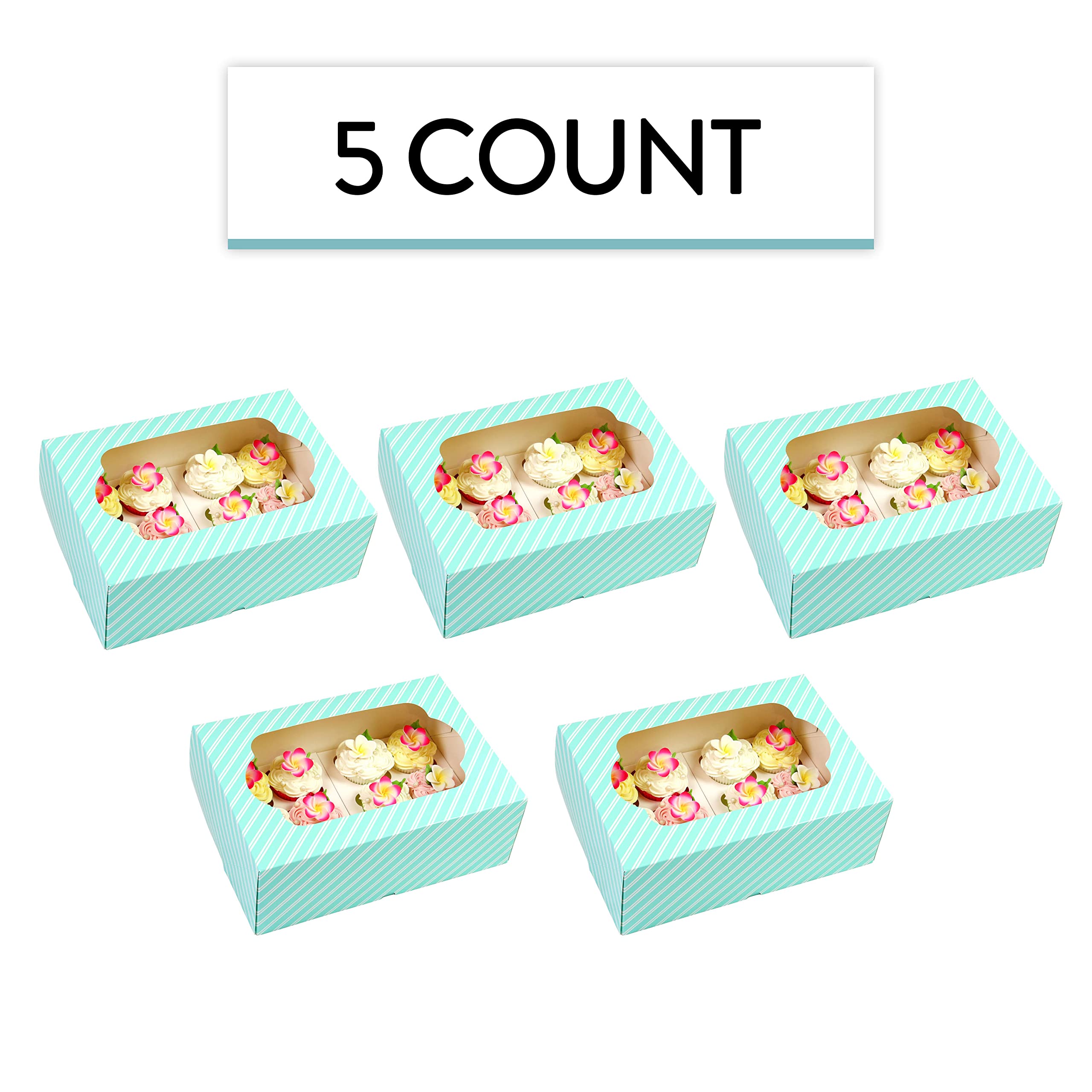 Global Sugar Art Caja de 12 cupcakes con ventana e inserciones para cupcakes, diseño de rayas azules de 14 x 10 x 4 pulgadas, 5 unidades
