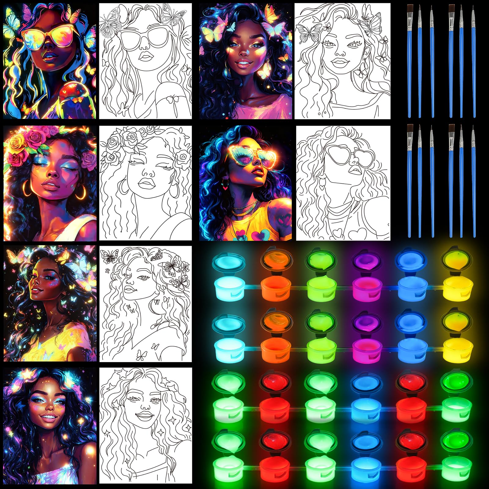 Maitys 22PCS 6 Sets Pre Drawn Canvas Painting Kit with Glow in The Dark Paint 8 x 10 Inches Pre Drawn Canvas Favor for Adults for Valentine Gifts DIY Adult's Date Party(Lady)