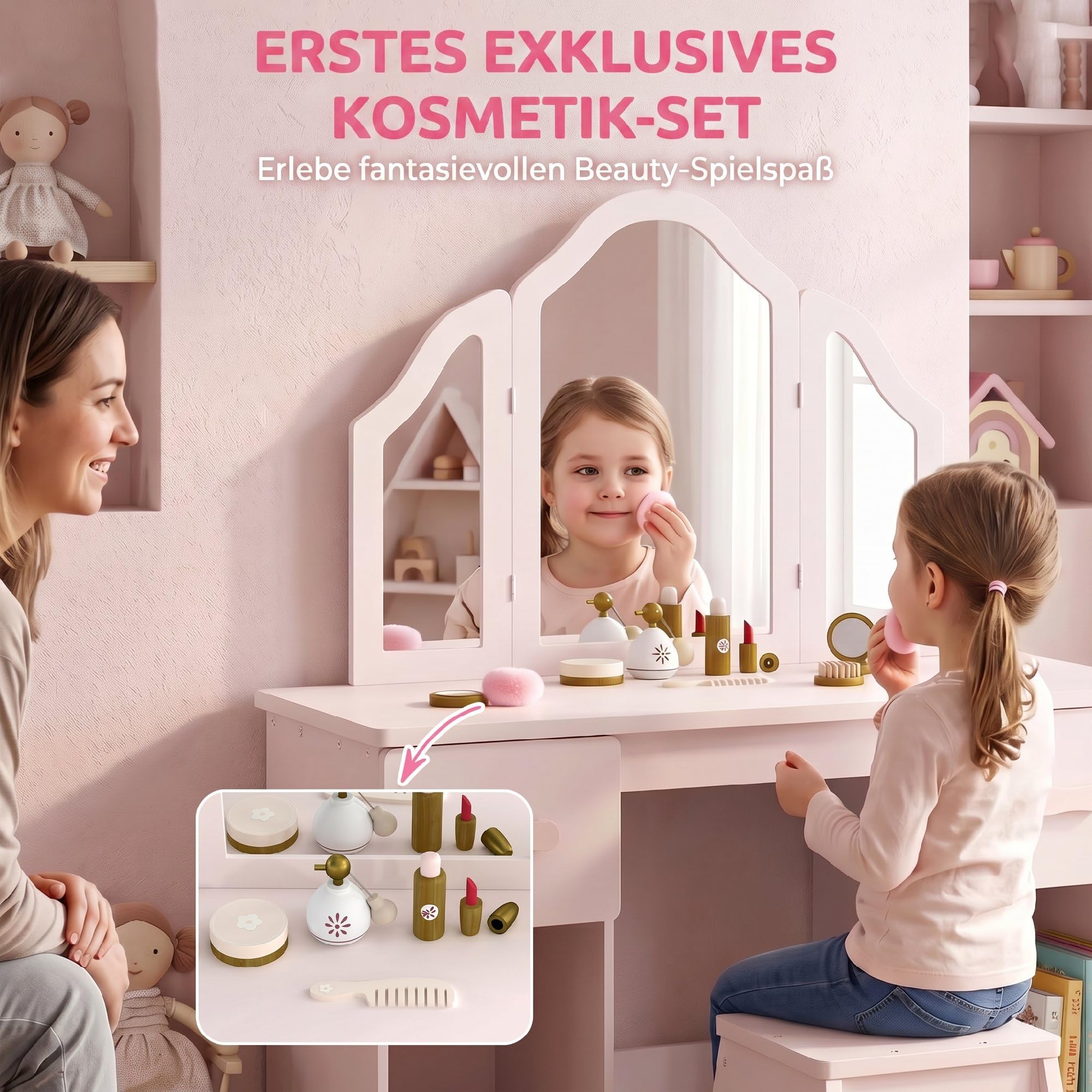 AIYAPLAY Schminktisch Kinder 2 in 1 Kinderschminktisch Mädchen ab 3 Rosa