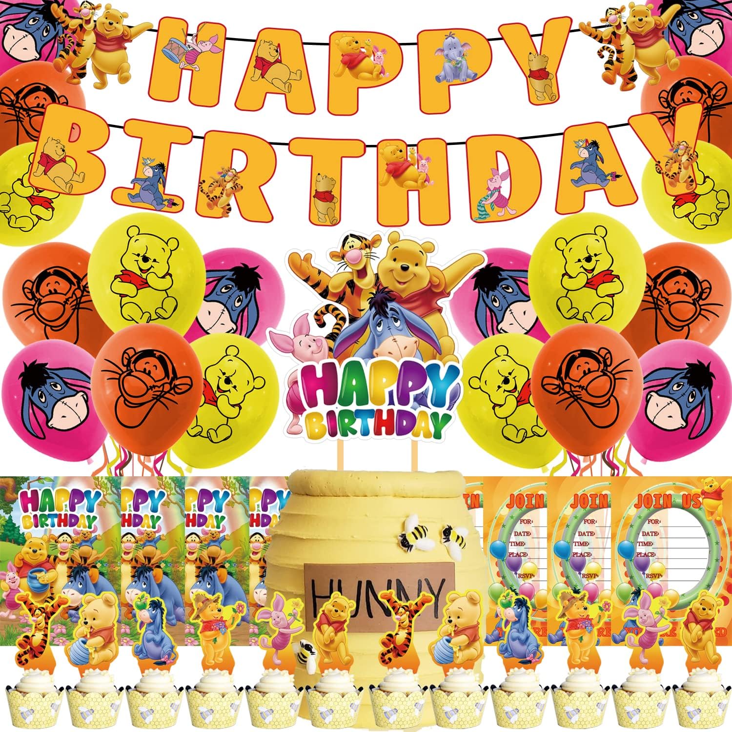 Winnie the pooh Party Decorations Supplies Happy Birthday Balloons for Kids with Banner Balloon (SR-Pooh C)
