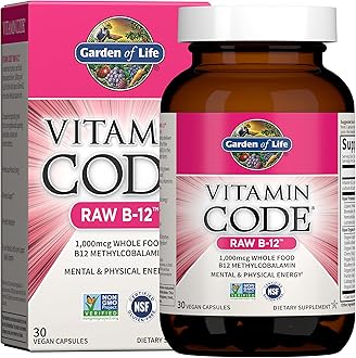 B12 - Vitamin Code Raw B-12-30 Capsules, 1,000mcg Whole Food B12 Methylcobalamin for Energy, Vegan Methylcobalamin B12 Vitamin plus Probiotics and Enzymes, Gluten Free Supplements