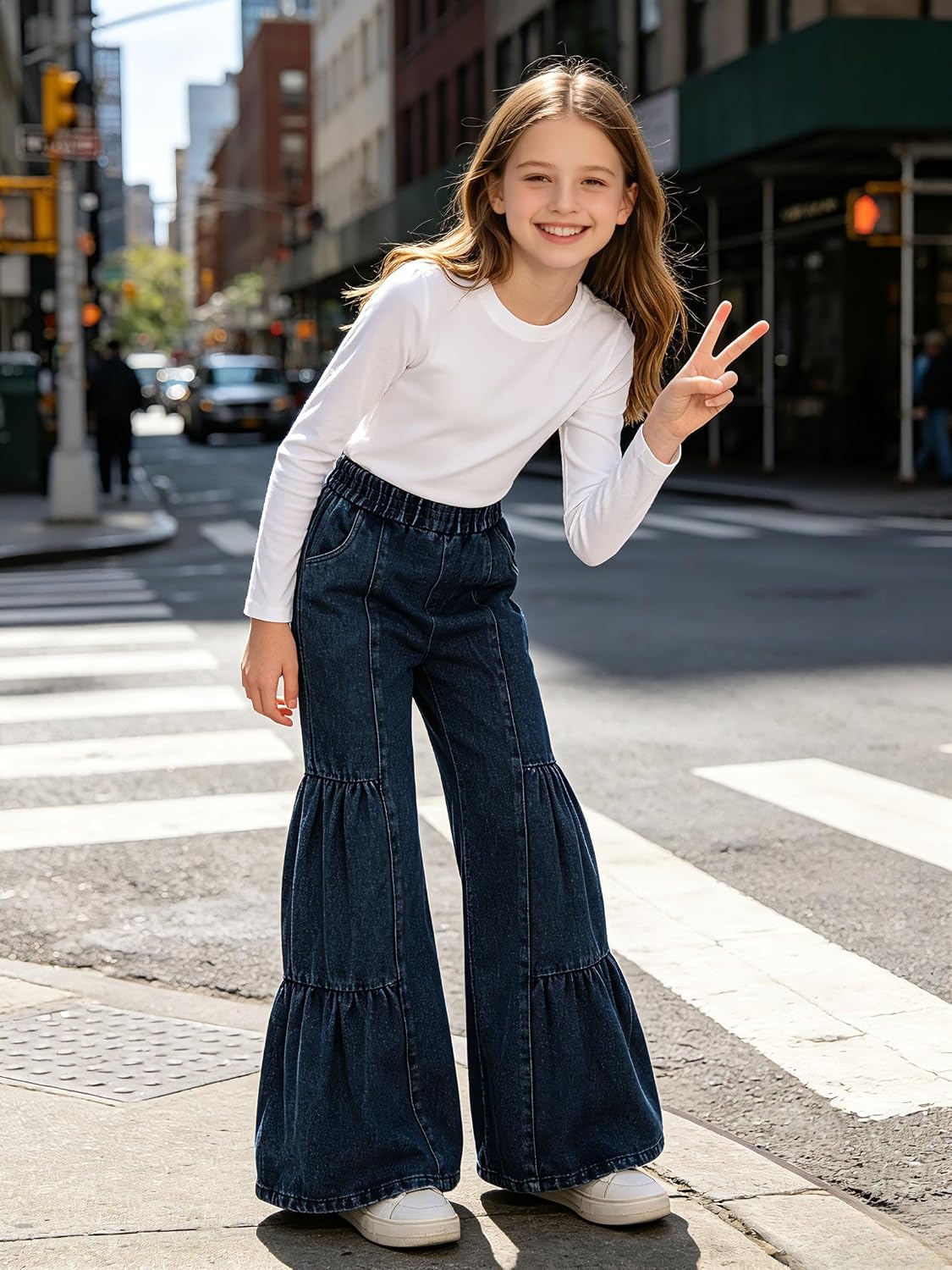 KIDLAGA Girls Baggy Wide Leg Jeans High Elastic Waist Tiered Ruffle Denim Pants Y2K Teen Girls Streetwear 9-16Y