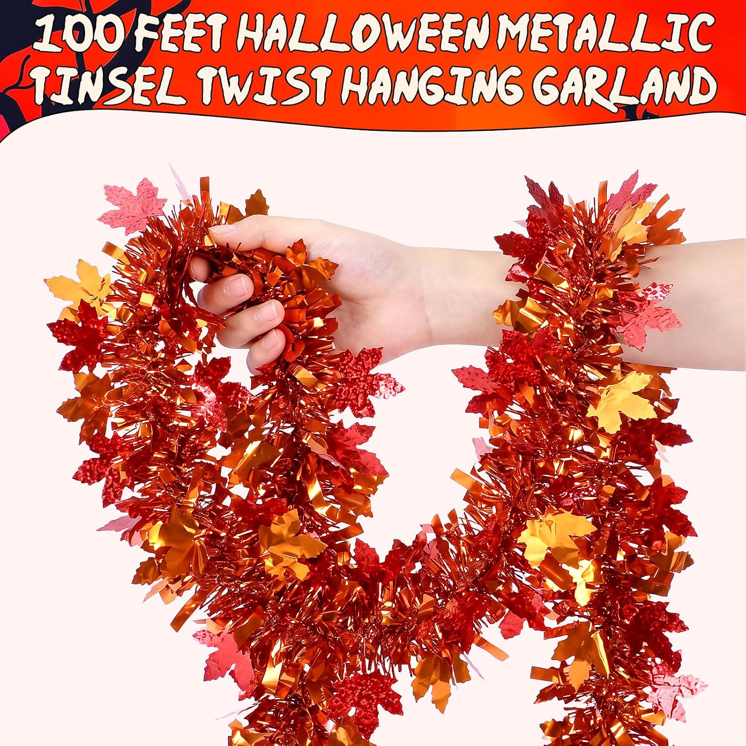 Poen 100 ft Fall Maple Leaf Tinsel Garland, Orange Thanksgiving Decor