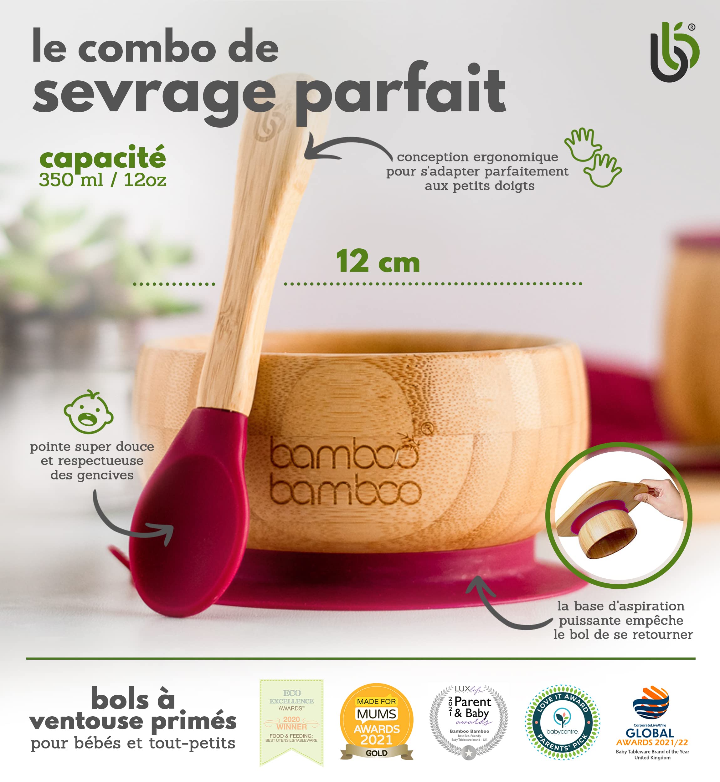 bamboo bamboo Ensemble Bols de Sevrage et Cuillères pour Bébés Avec Anneau d’aspiration en Silicone, Bols pour Tout-petits avec Cuillère pour Bébés à partir de 6 mois (Cerise)