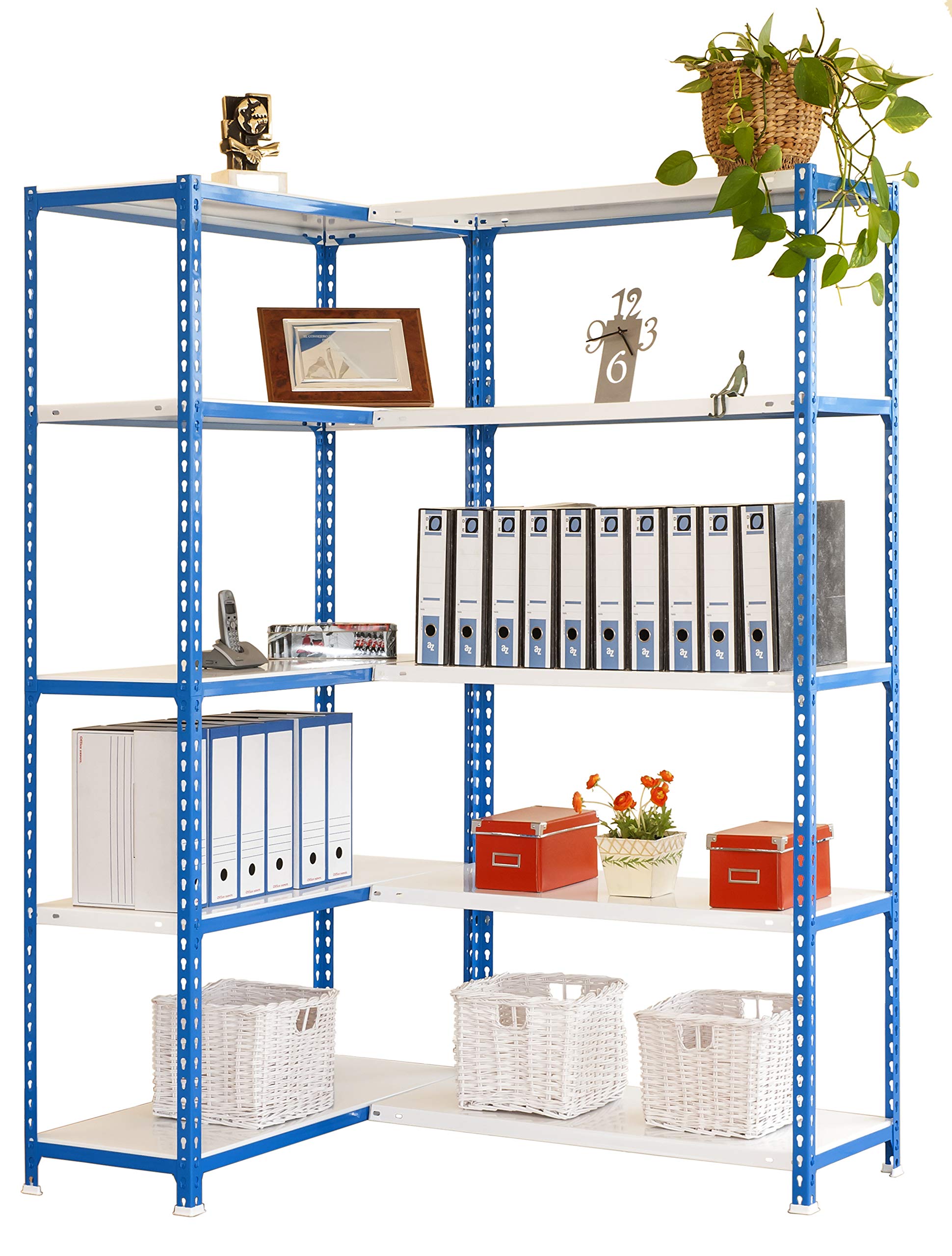 Simon Rack Estantería Metálica Esquina Almacenaje, Sin tornillos, 10 Baldas, Alta Capacidad Carga 80 kg, 2000x1300x300 mm, Estantería Garaje Trastero Oficina, Azul/Blanco