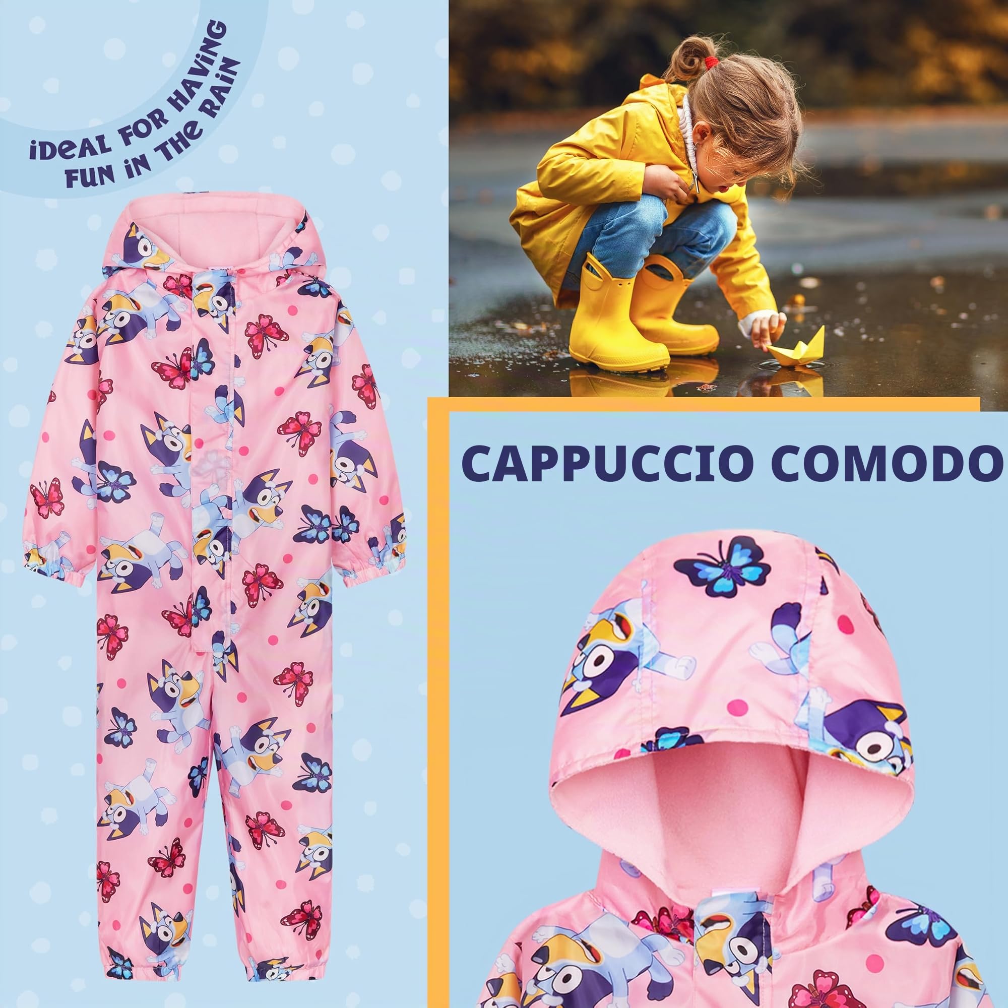 BlueY Tuta Pioggia Bambina, Tutto in Uno Tuta Impermeabile Bambini con Cappuccio Tuta Foderato in Pile per Giochi Viaggi