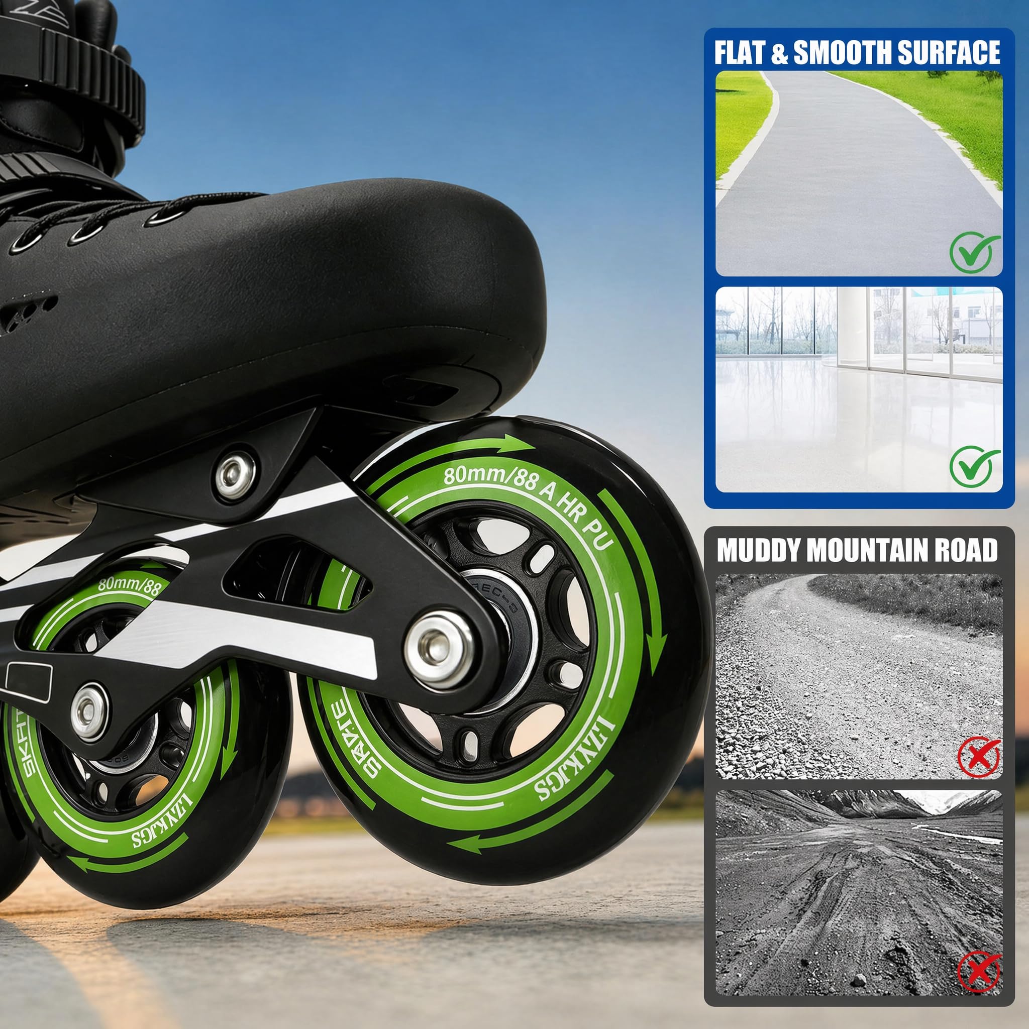 Lot de 8 Roues de Rollers en Ligne, 80mm, Roues de Patinage 88A SHR PU, Roulettes de Roller Avec Roulements ABEC 9, Roues de Rechange pour Roller Pour K2 Gonex Hudora Apollo Inline Skate
