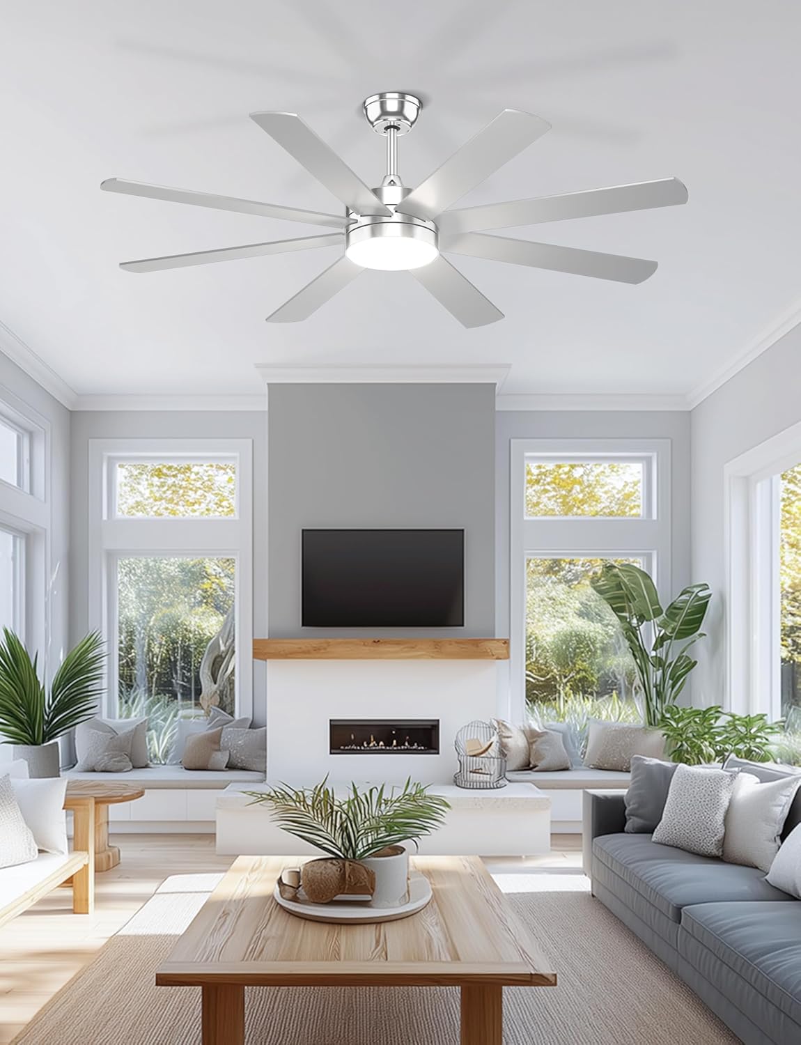 60'' Silver Ceiling Fans with Lights - 8 Blades Ceiling Fan Remote/APP Control, Dimmable, Silent DC Motor Ceiling Fan for Indoor/Covered Outdoor