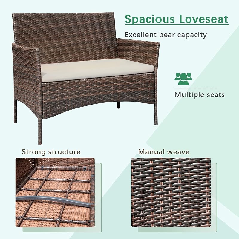 Greesum Patio Furniture 4 Pieces Conversation Sets,Brown and Beige image 6