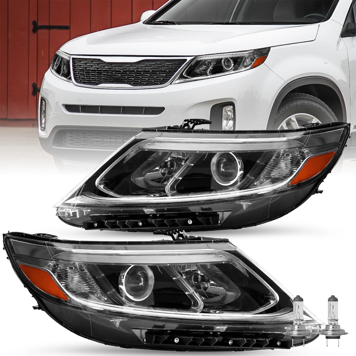 JSBOYAT Headlight Assembly Fit for 2014 2015 Kia Sorento LX LED DRL Projector Headlamp Replacement Passenger & Driver Side