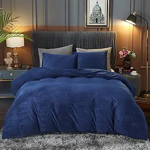 Ivellow Velvet Duvet Cover Queen Size 3 Pcs Flannel Navy Blue Duvet Cover Queen Velvet Comforter Cover Bedding Set Ultra Soft Cozy Solid Luxury Velour Duvet Cover Set Zipper Closure Corner Ties