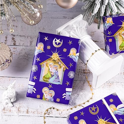 Vista 136 de WRAPAHOLIC Papel de regalo reversible de Navidad, mini rollo, 17 pulgadas x 33 pies, diseño de gnomo azul morado y cuadros con brillo metálico