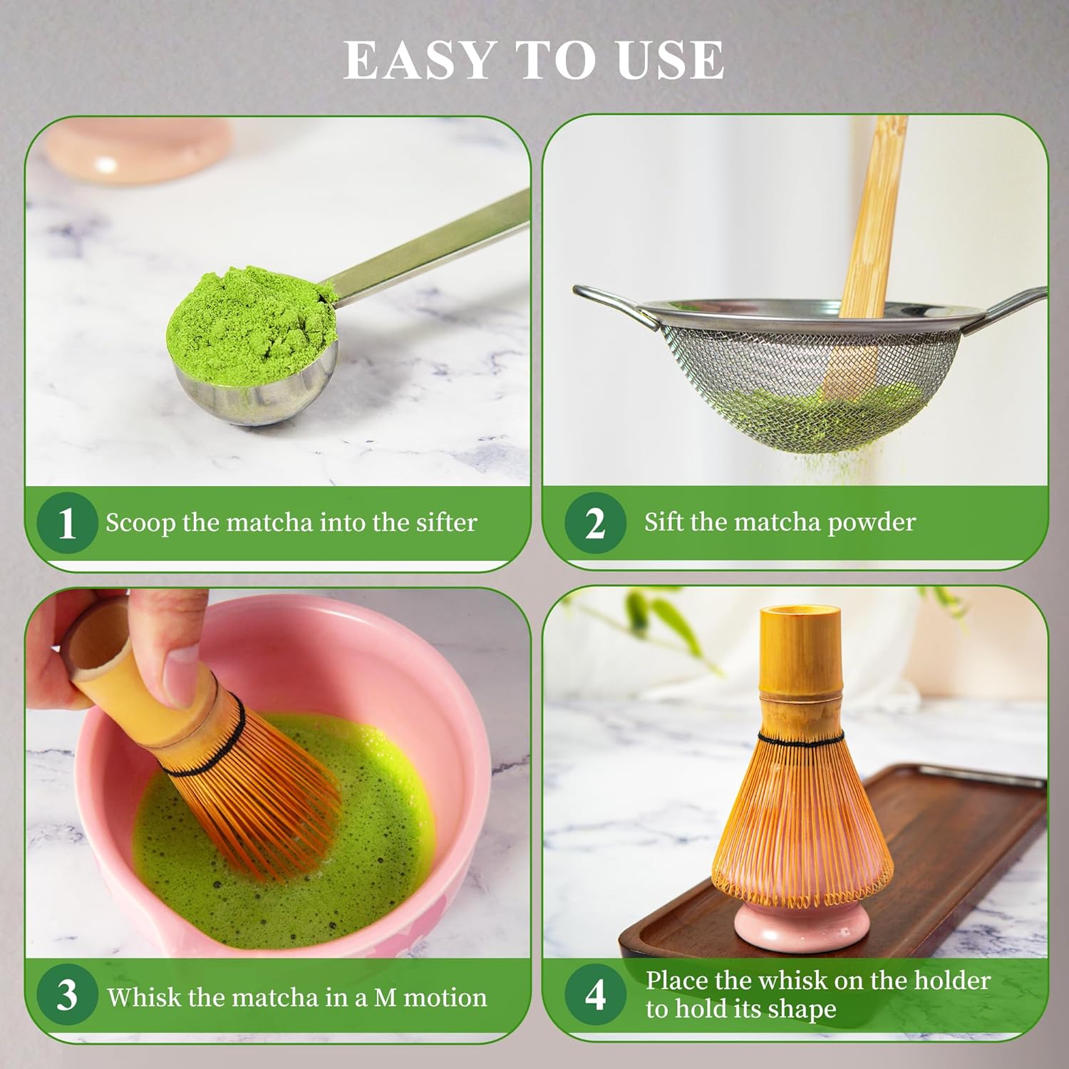 Matcha Whisk Set Matcha Making Kit Bamboo Chasen Ceramic Whisk Holder Stand Sifter Scoop Japanese Tea Tools (Solid Pink) thumbnail