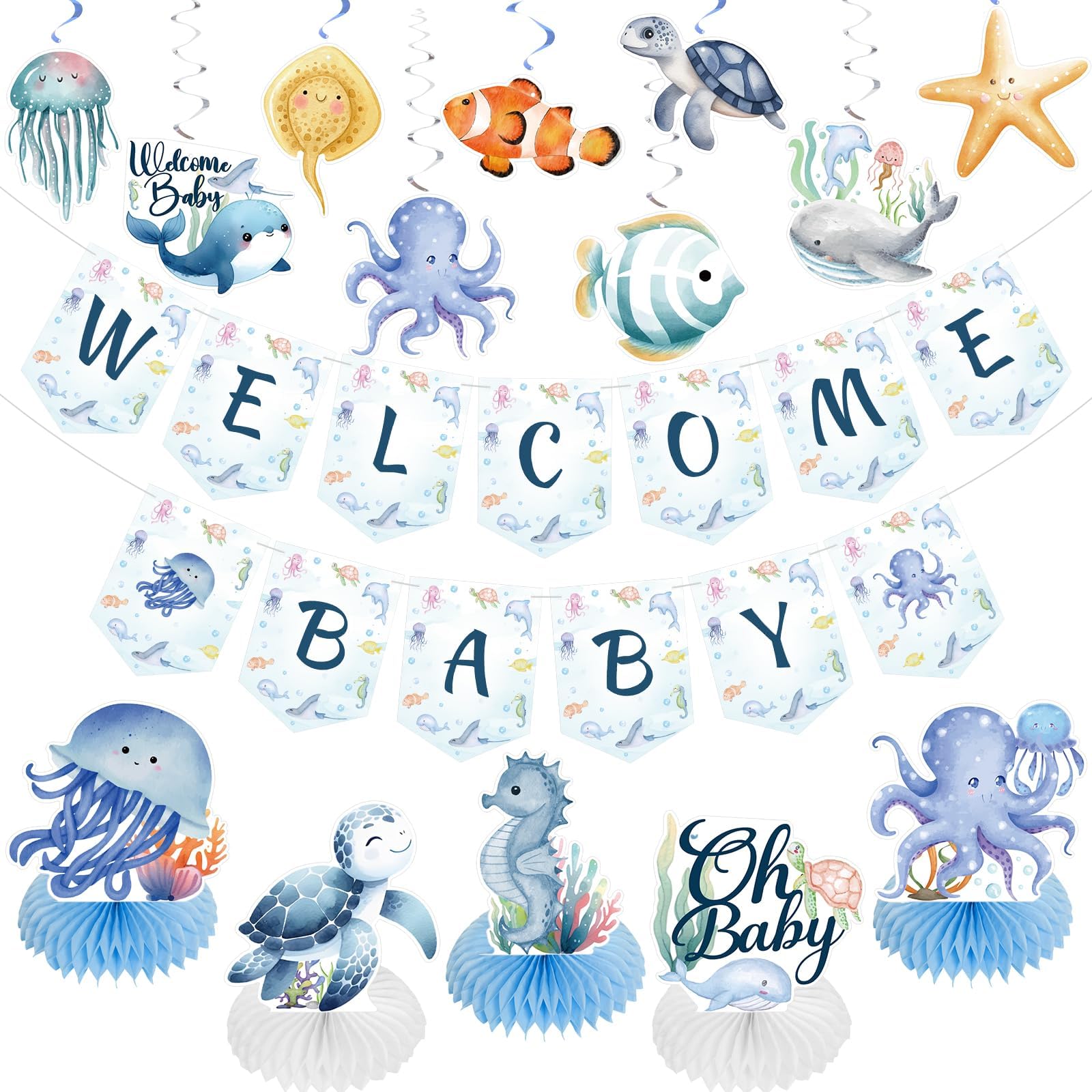 Under the Sea Baby Shower Decorations, Ocean Animals Decorations Include Welcome Baby Banner Hanging Swirls and Honeycomb Centerpiece, Under the Sea Baby Shower Supplies