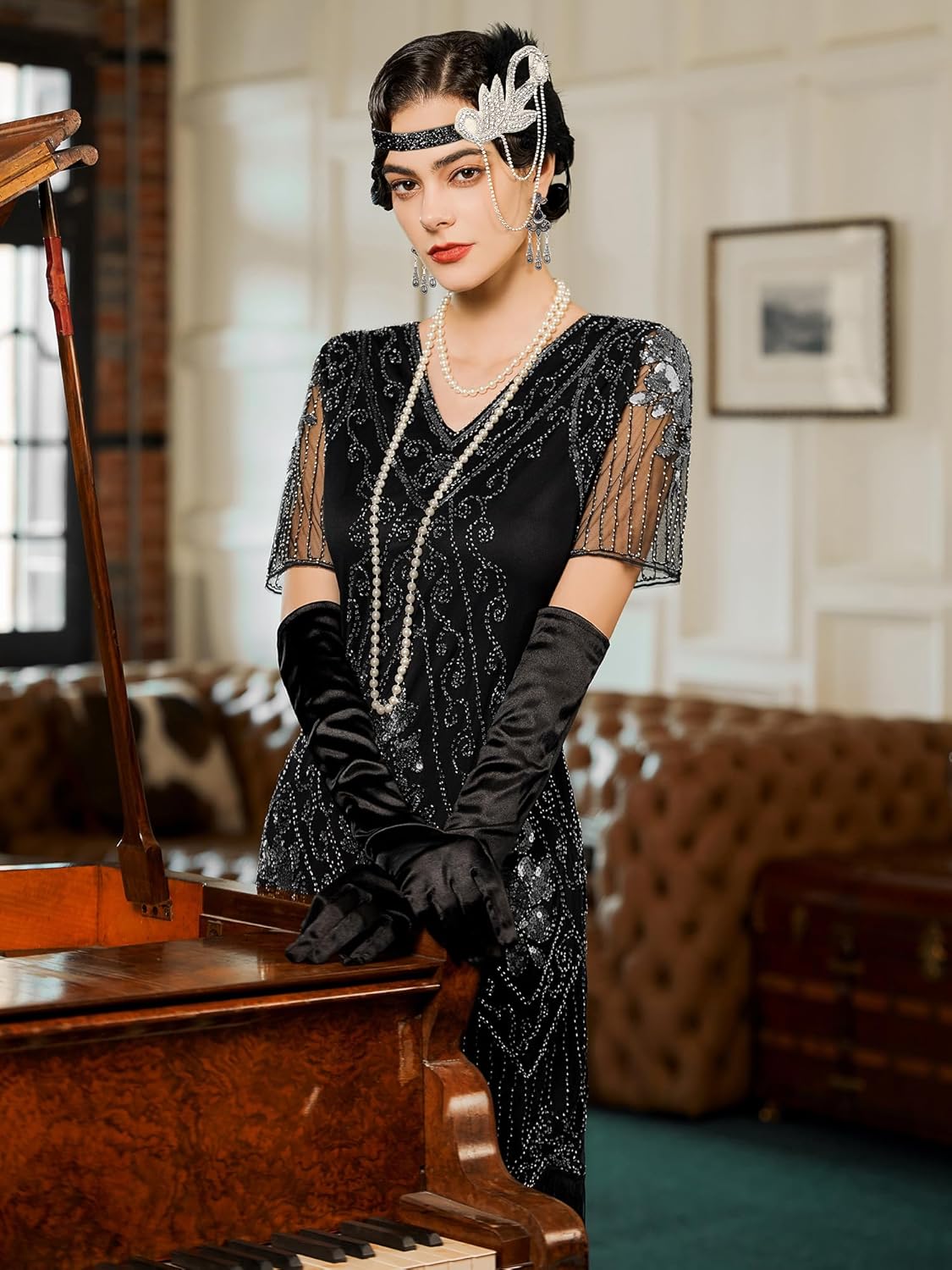 SWEETV YESSA Women's Flapper Dresses 1920s Fringed Sequin Great Gatsby Dress with 20s Accessories -Roaring 20s Costumes - Image 2