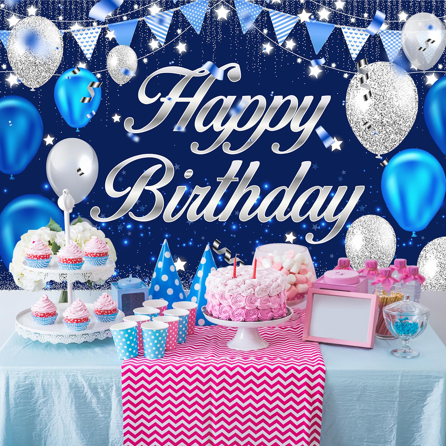 Happy Birthday Banner - Blue & Silver Party Decor -5 Happy Birthday Banner - Blue & Silver Party Decor -5