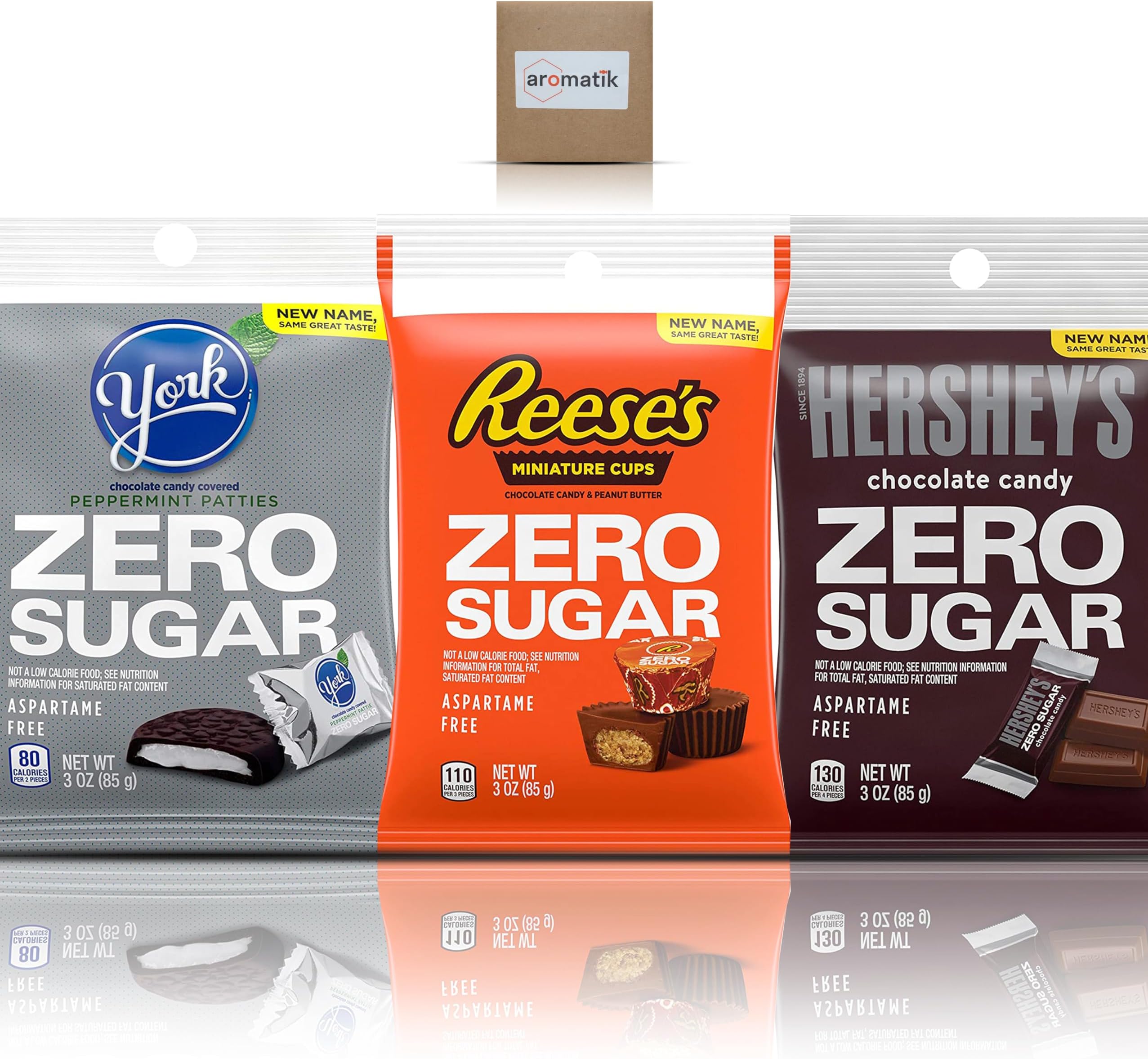 Sugar Free Candy Hershey’s Sugar Free Chocolate Variety Pack - Reese’s, York, and Hershey Milk Chocolate | Zero Sugar | 3 Ounce Bags (3 Pack) - Ships in an Aromatik™ damage proof box