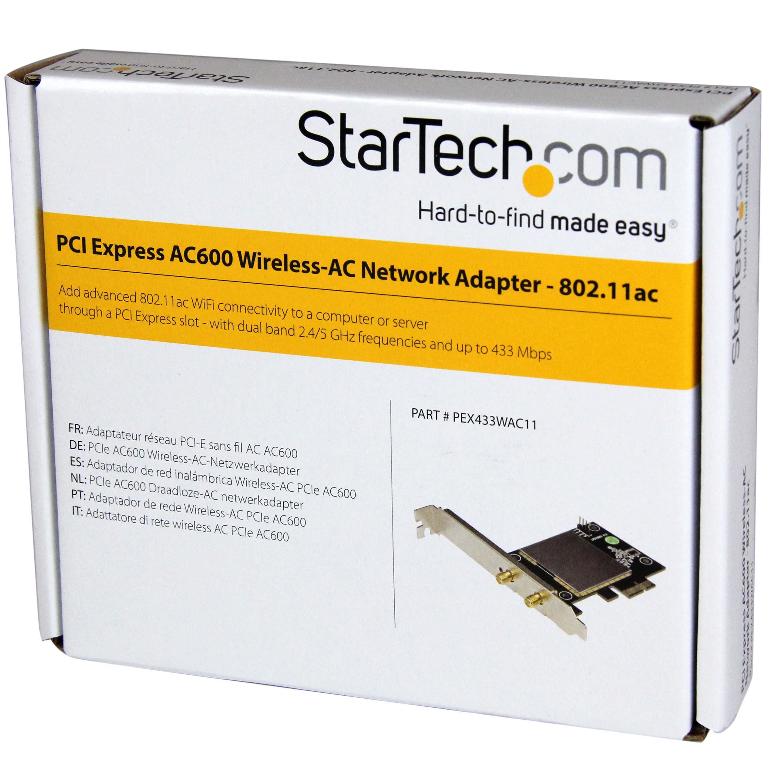 StarTech.com PEX433WAC11 AC600 bezprzewodowy adapter sieciowy, 802.11ac, PCI Express, dwupasmowy 2,4 GHz/5 GHz bezprzewodowa karta sieciowa PCIe