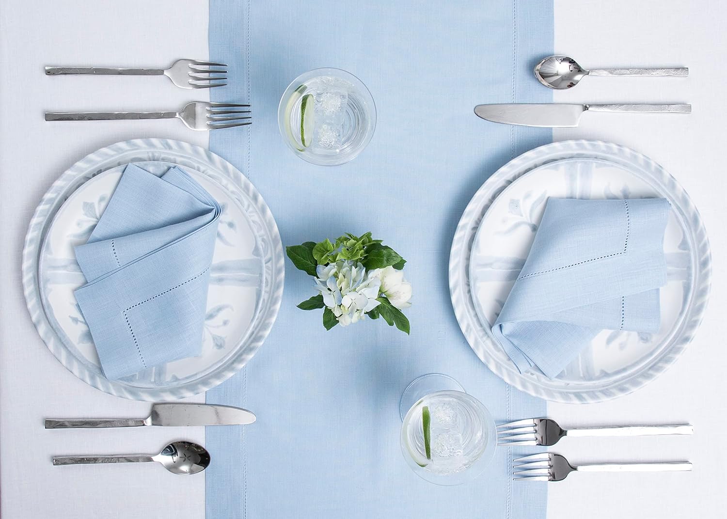 Solino Home Linen Sky Blue Table Runner 60 Inches - Classic Hemstitch, 100% Pure Linen Coffee Table Runner 14 x 60 Inch Ideal for Dresser Tables - Spring, Summer, Mothers Day