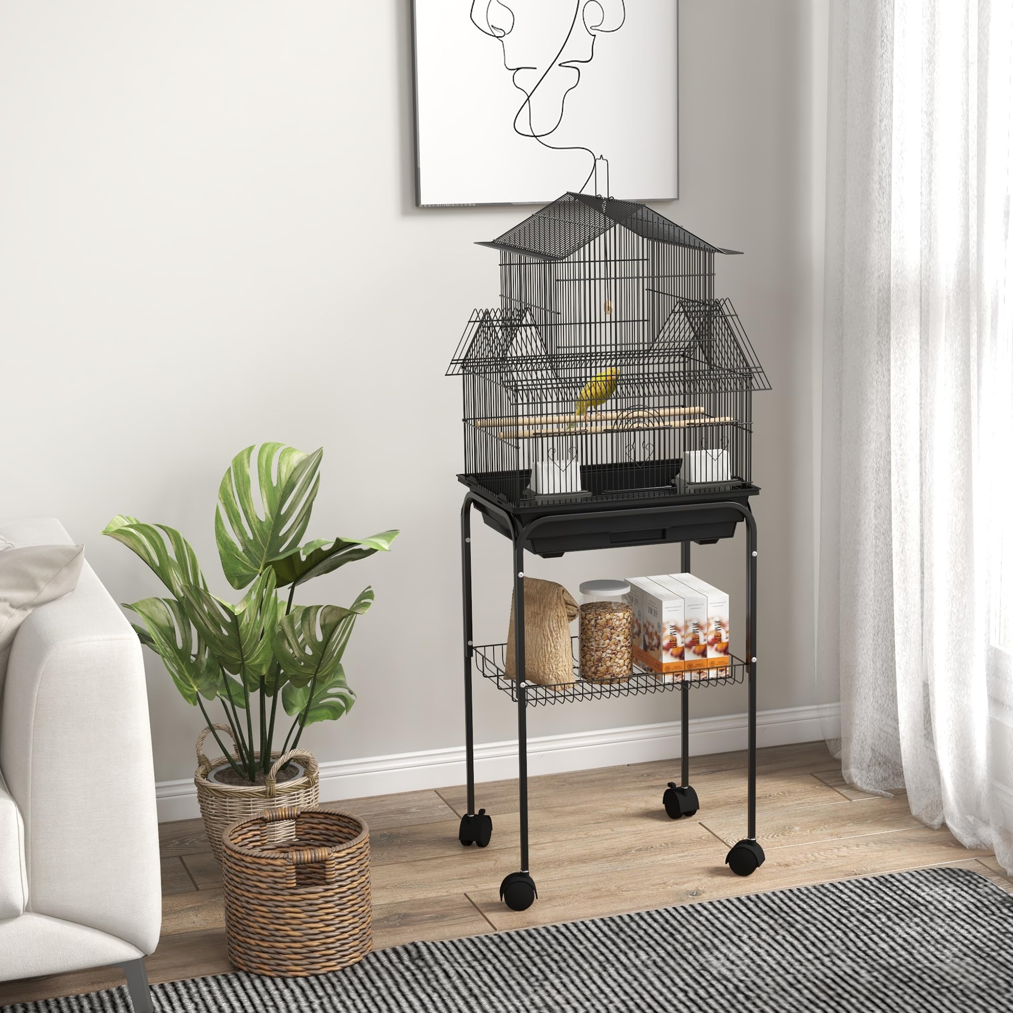 PawHut Vogelkäfig Design Haus Futterhäuser Sitzstangen 3 Türen abnehmbares Kotbrett + Tragegriff 50,5 x 41 x 121 cm schwarz