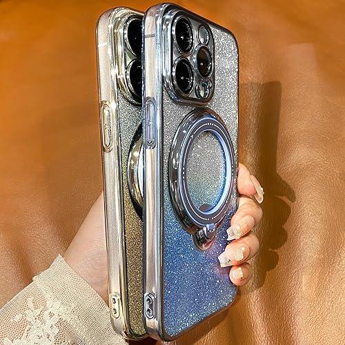 Miniatura 3 de Funda magnética con purpurina para iPhone 15 Pro Max con soporte de anillo giratorio, compatible con MagSafe protector de lente de cámara chapado de