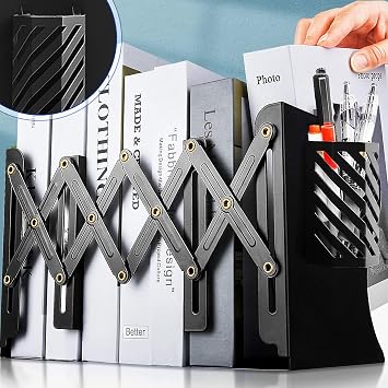 Heavy Duty Book Ends to Hold Books with Pen Holder, Adjustable Bookends, Metal Book Ends for Shelves