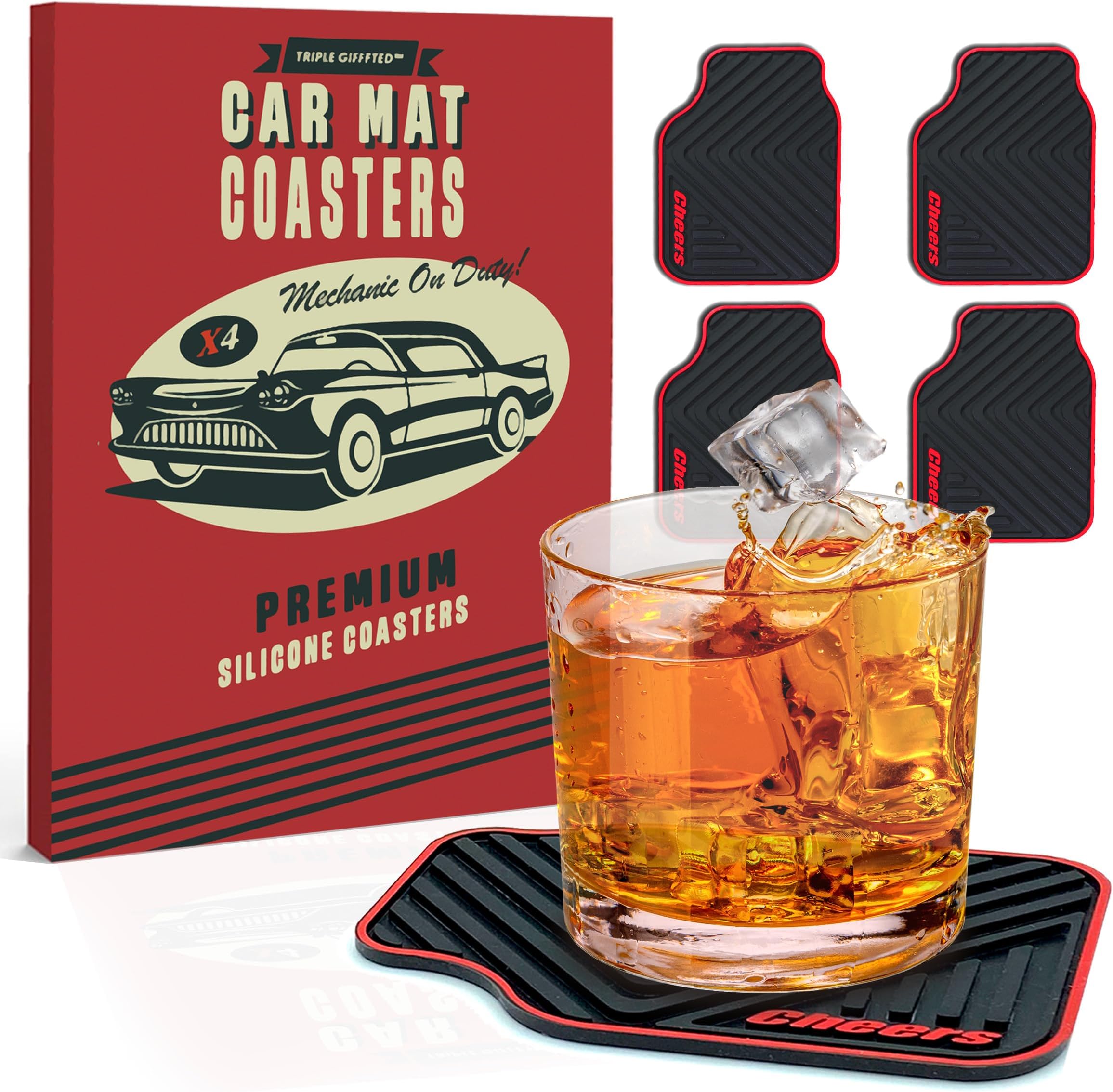 Triple Gifffted Car Mat Coasters, Novelty Presents for Petrolheads, Car Lovers, Car Enthusiasts, Silicone Drinks Coasters, Ideal Father’s Day, Birthday for Men, Him and Mechanic