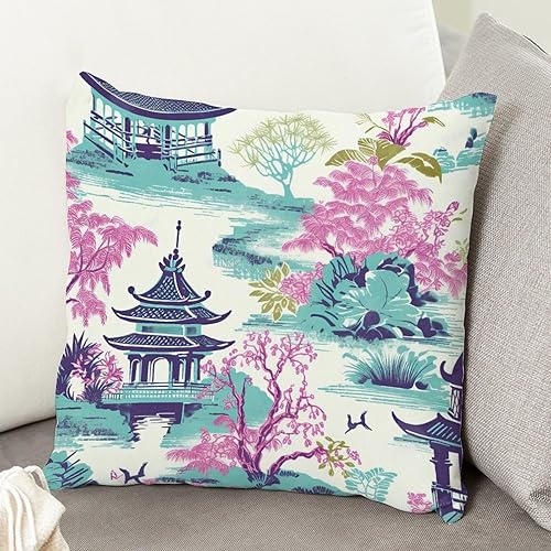 Miniatura 5 de ArogGeld Funda de cojín de estilo japonés asiático, pagoda azul aguamarina, coral y rosa, funda de cojín para sofá, pagoda asiática, verde azulado,