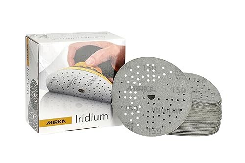 Mirka Iridium - Papel de lija de 5 pulgadas, grano 150, paquete de 50 discos de gancho y bucle para lijado de automóviles, madera, paredes y