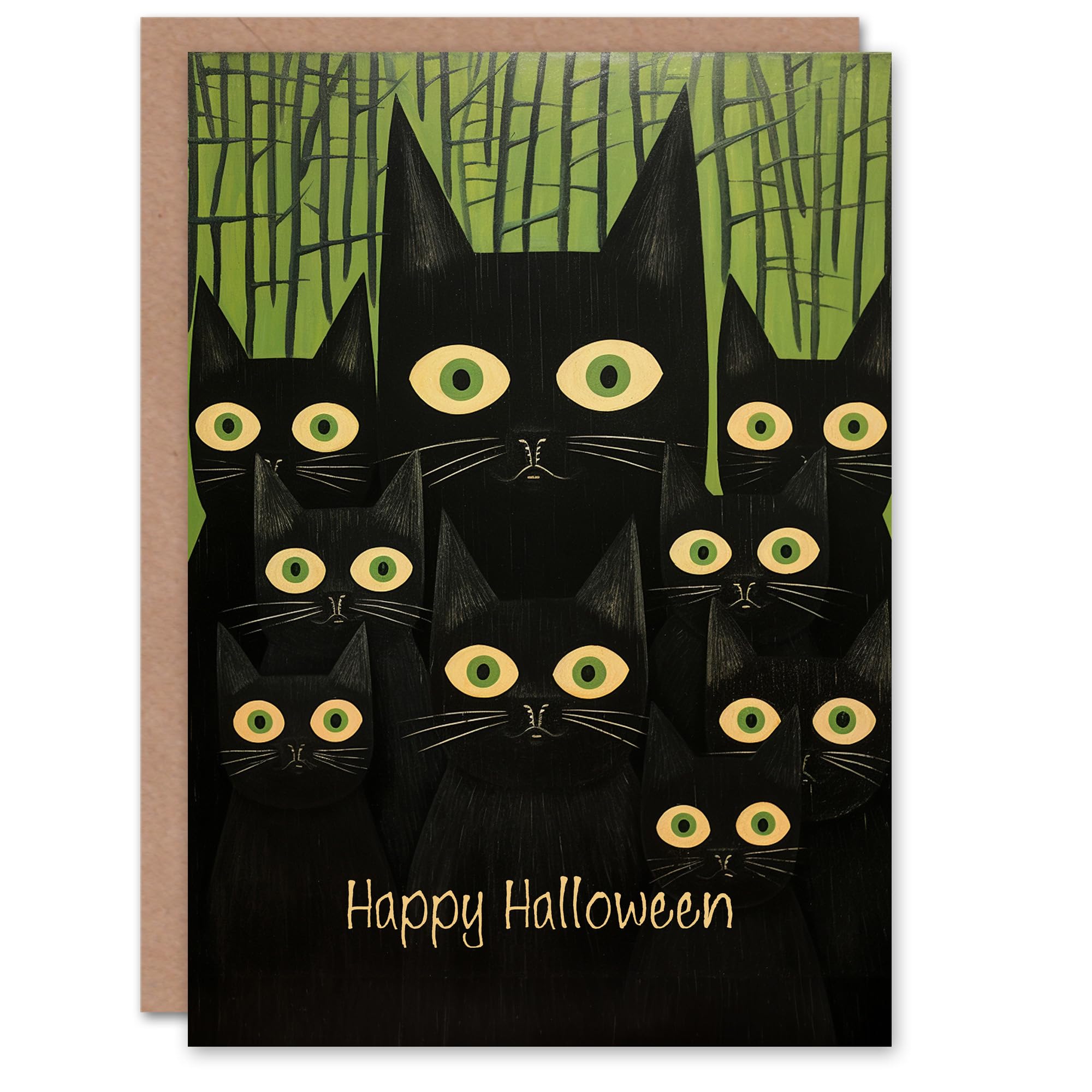 Artery8 Halloween Greeting Card - Black Cat Eyes - Green