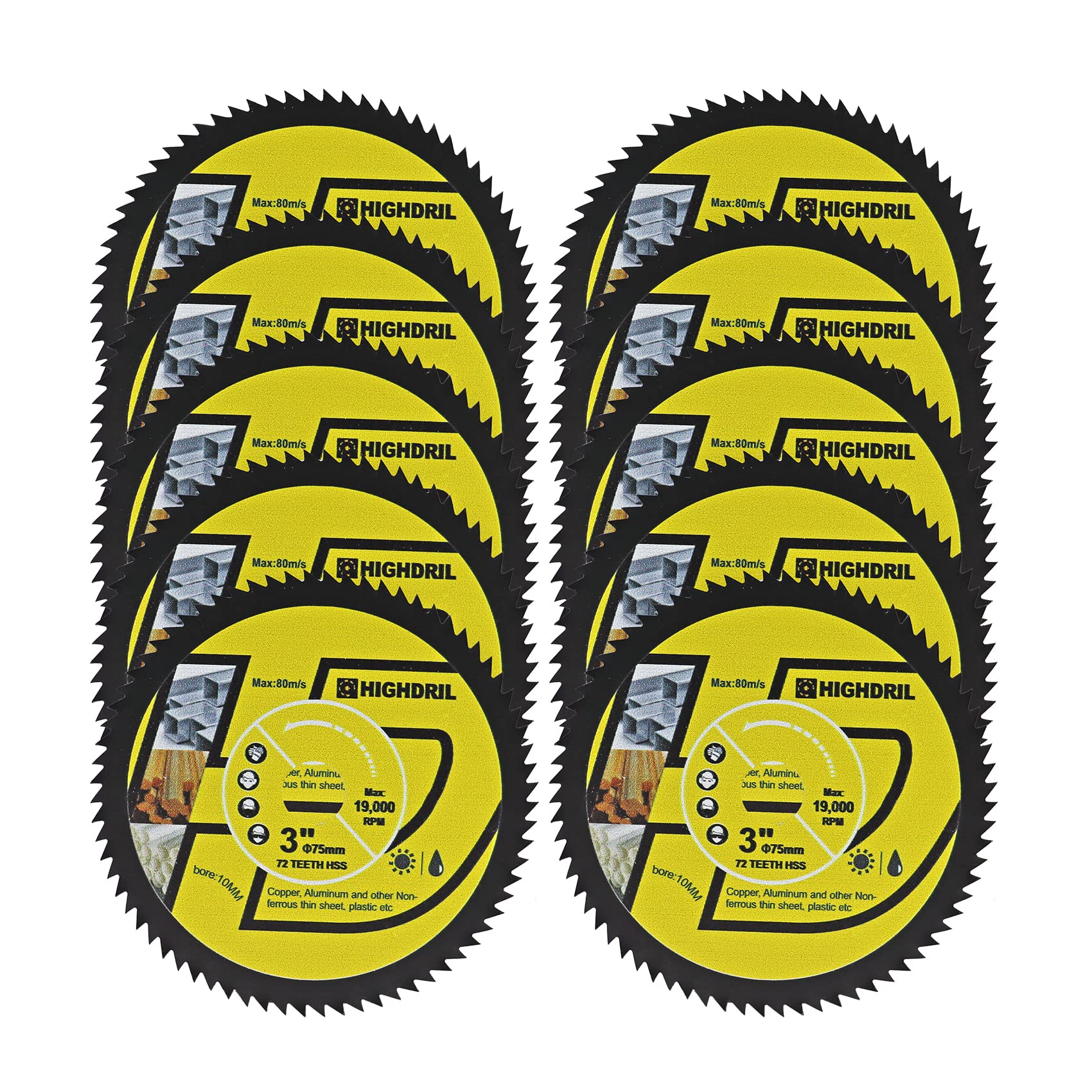 HIGHDRIL HSS Circular Saw Blade - 10PCS 75mm/3inch 72T 10mm Bore Cutting Discs for Wood, Copper, Aluminum, Plastic and Soft Metal