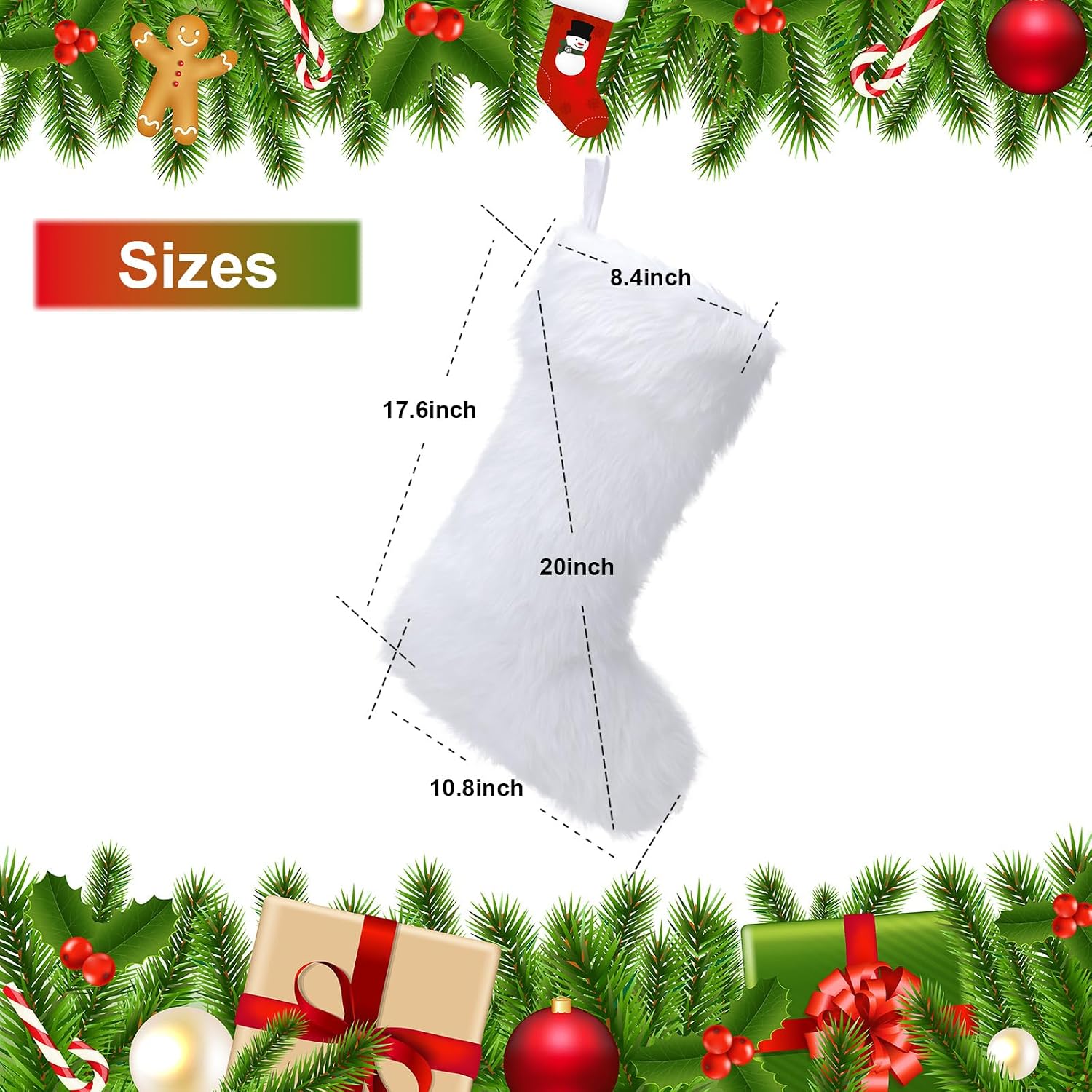 JOVITEC White 4 Pcs 20 Inch Christmas Stockings Faux Fur Stockings Xmas Stocking Fireplace Hanging Stocking Christmas Party Gift Bags for Holiday Party Decoration