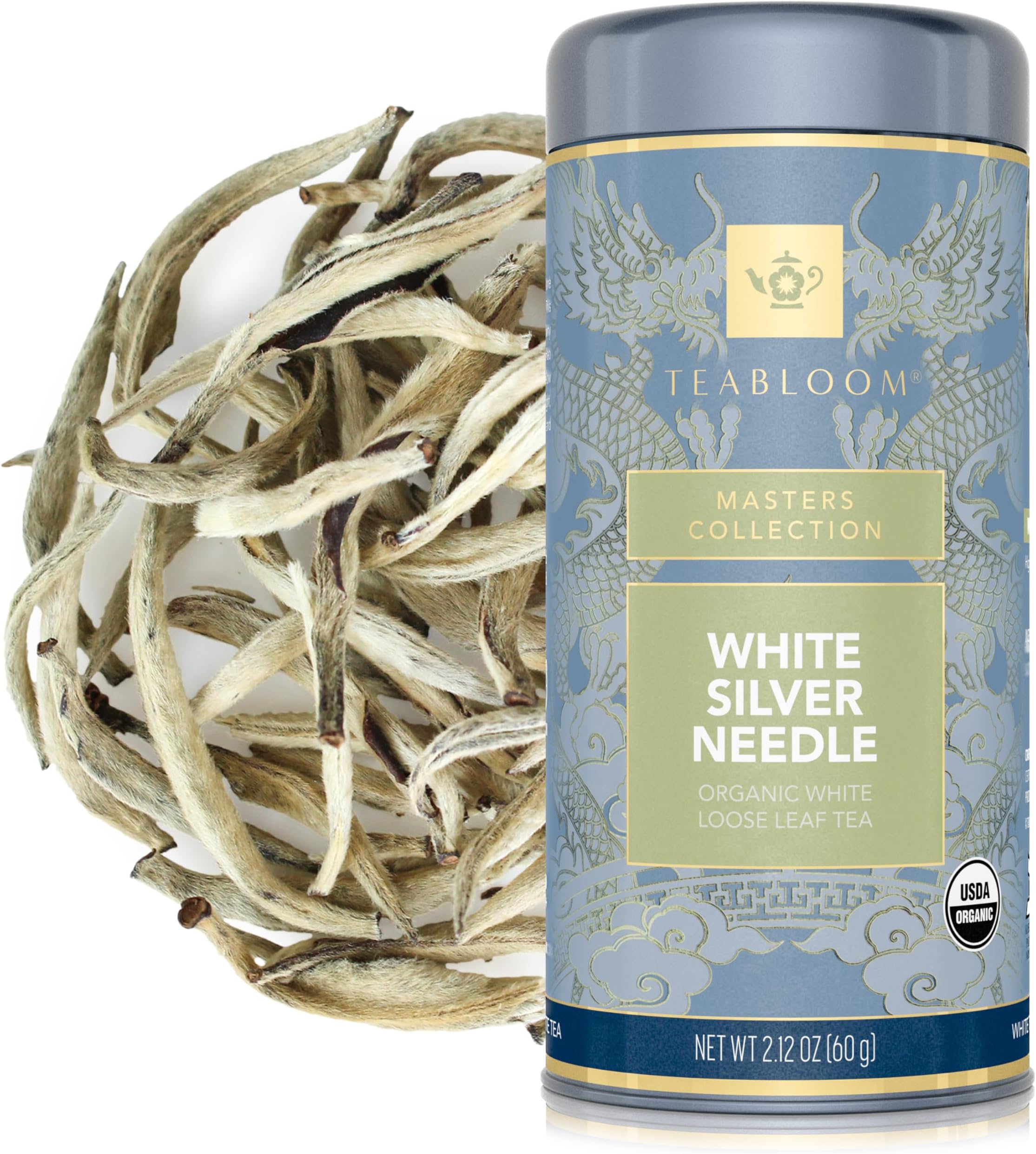Teabloom Organic White Silver Needle Loose Leaf Tea, Rare USDA Certified Organic & Kosher White Tea With Delicate Honeysuckle Notes, 2.12 oz/60 g Canister Makes 35-50 Cups