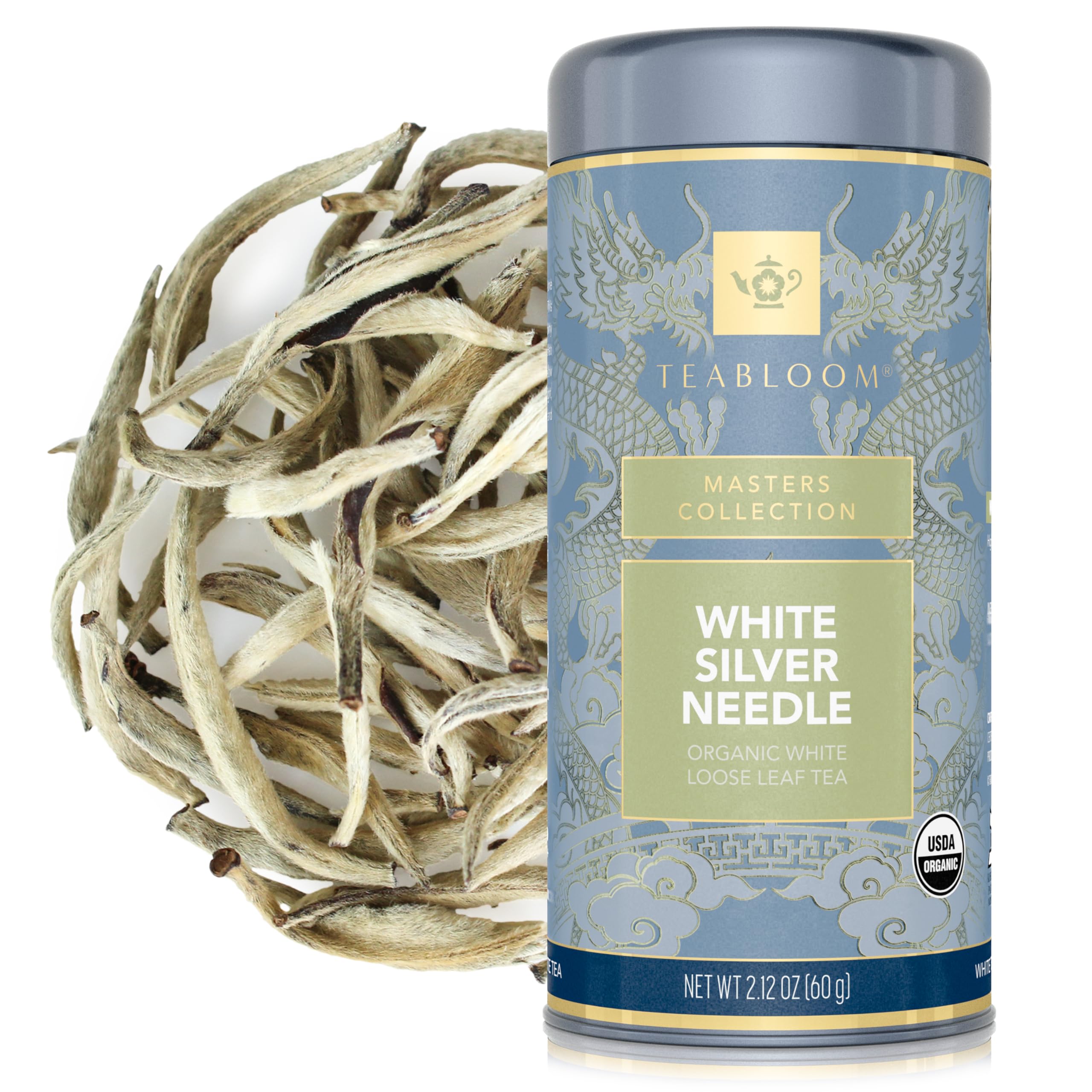 Teabloom Organic White Silver Needle Loose Leaf Tea, Rare USDA Certified Organic & Kosher White Tea With Delicate Honeysuckle Notes, 2.12 oz/60 g Canister Makes 35-50 Cups