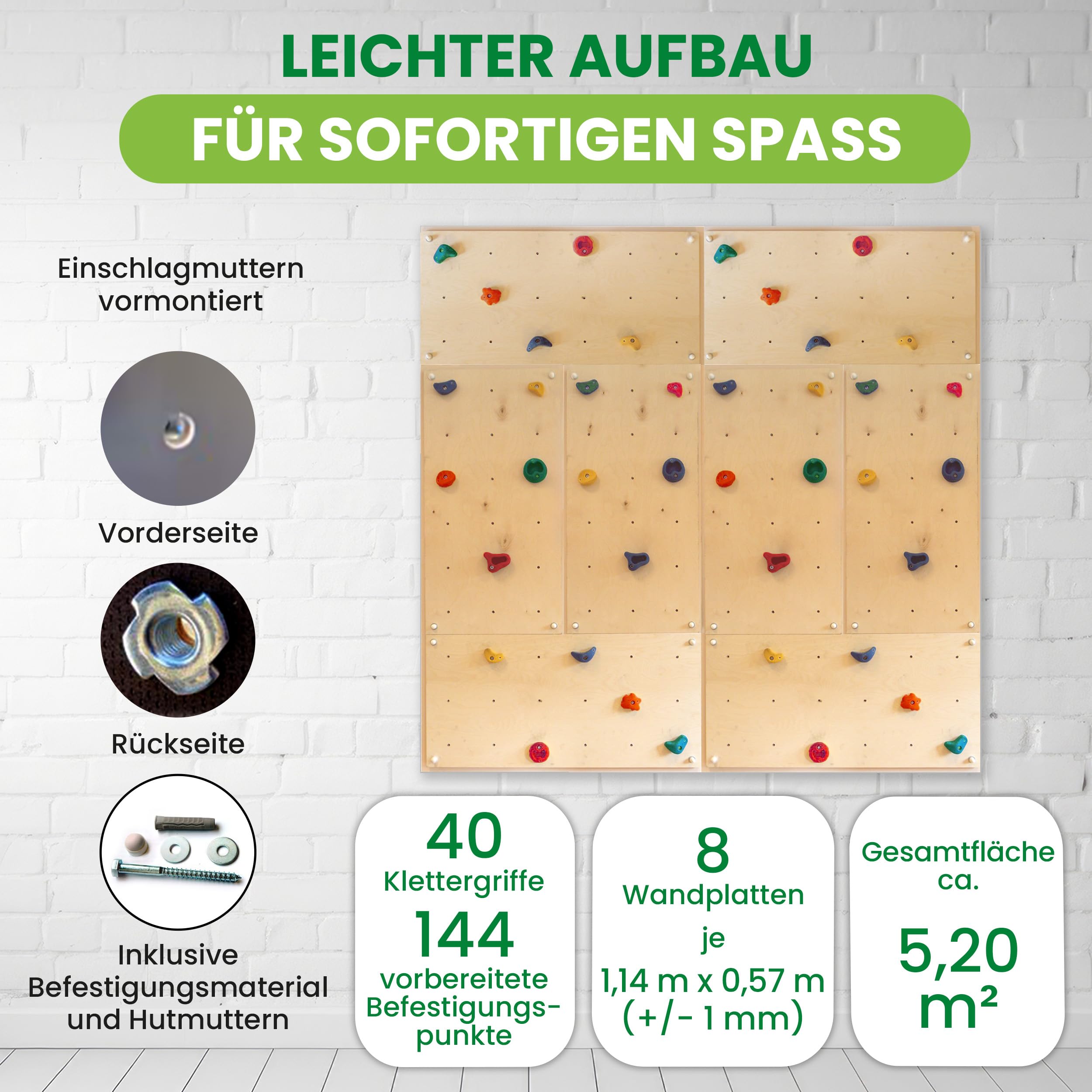 Gartenpirat Kletterwand Indoor IW8 5,20 m² – Boulderwand für Innen mit 40 bunten Klettersteinen acht Platten 114x57 cm – vormontiert inkl. Montagematerial – ideal fürs Kinderzimmer