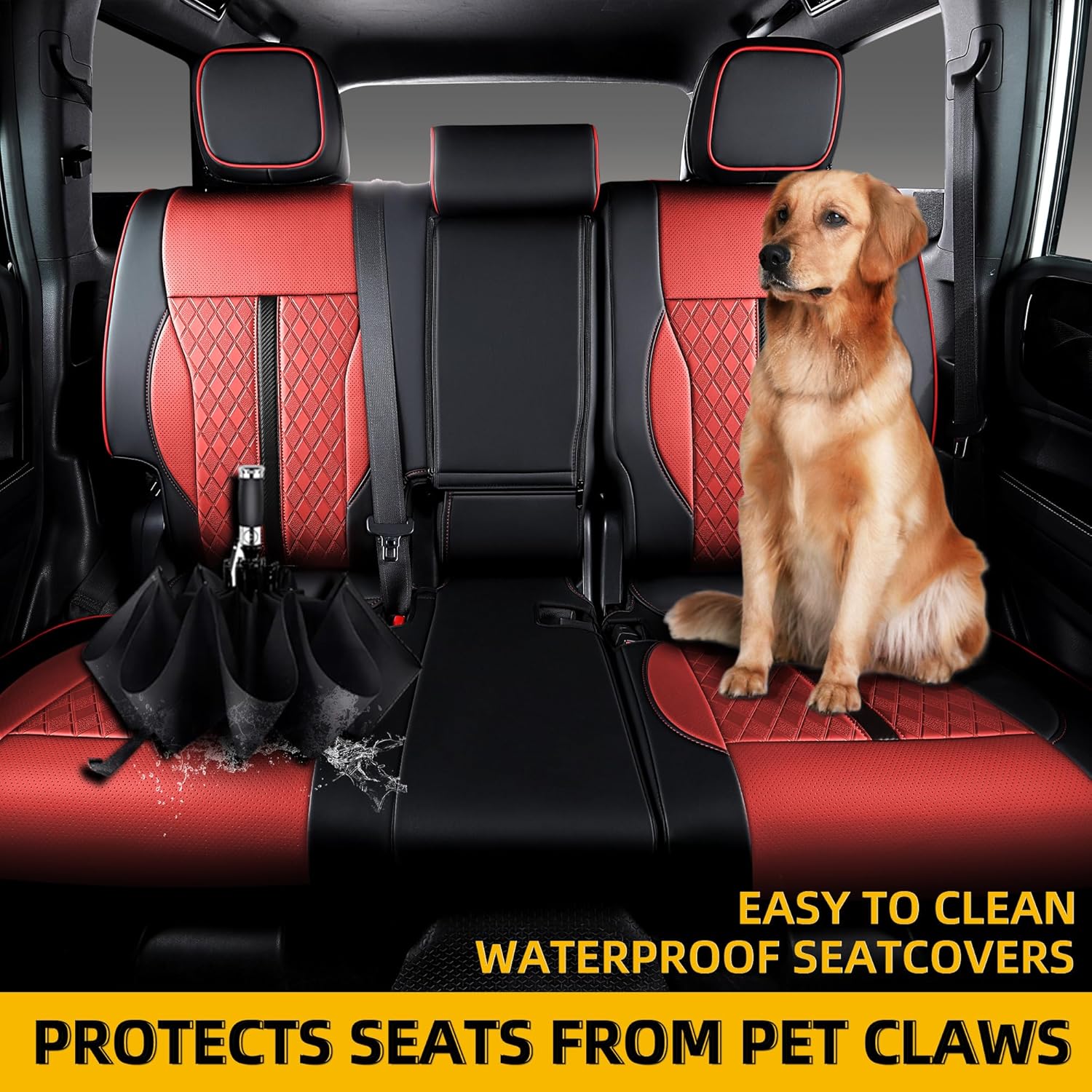 Custom Fit Seat Covers for 2025-2026 Toyota 4Runner (5-Seater), Waterproof Faux Leather Full Set, Full Coverage Protectors for SR5/TRD Off-Road/Sport/Limited/Trailhunter - Black+Red
